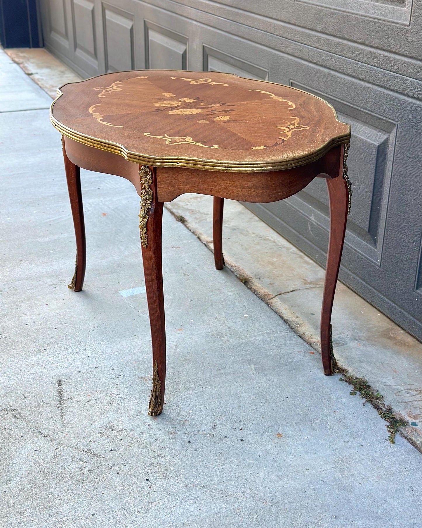 Antique 1920s Louis XV Ormolu Marquetry Spanish Tiger Maple Coffee Tea Table