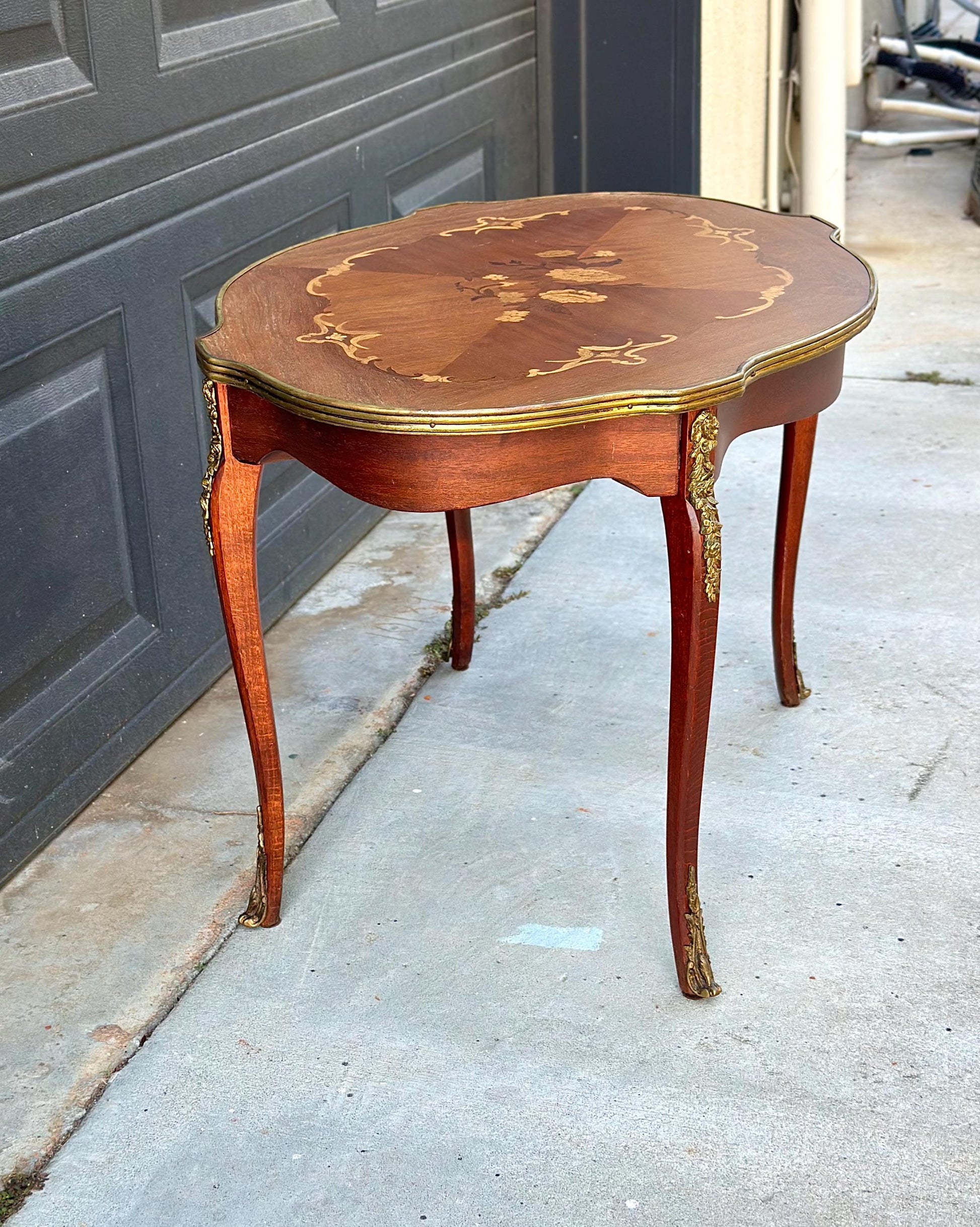 Antique 1920s Louis XV Ormolu Marquetry Spanish Tiger Maple Coffee Tea Table