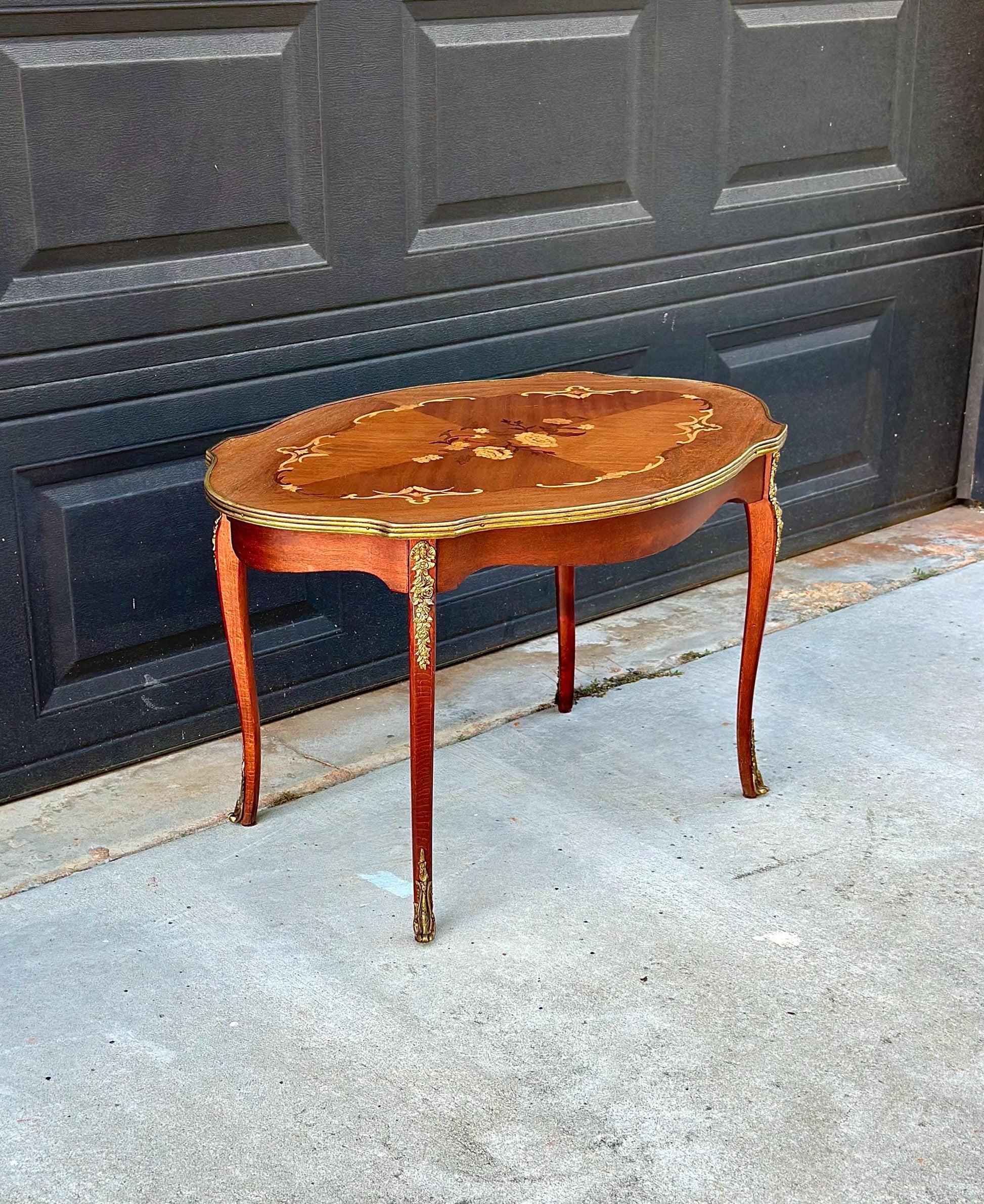 Antique 1920s Louis XV Ormolu Marquetry Spanish Tiger Maple Coffee Tea Table