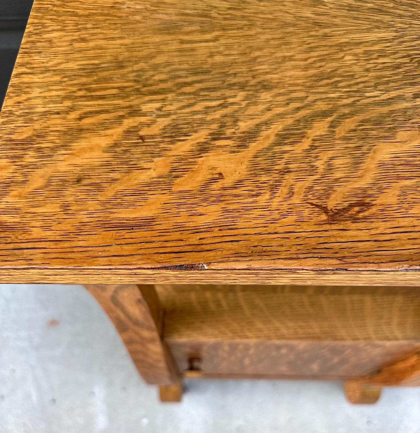 Antique Early 20th C Quarter Sawn Oak Wood Open Shelf Accent Cabinet on Casters 18" Wide