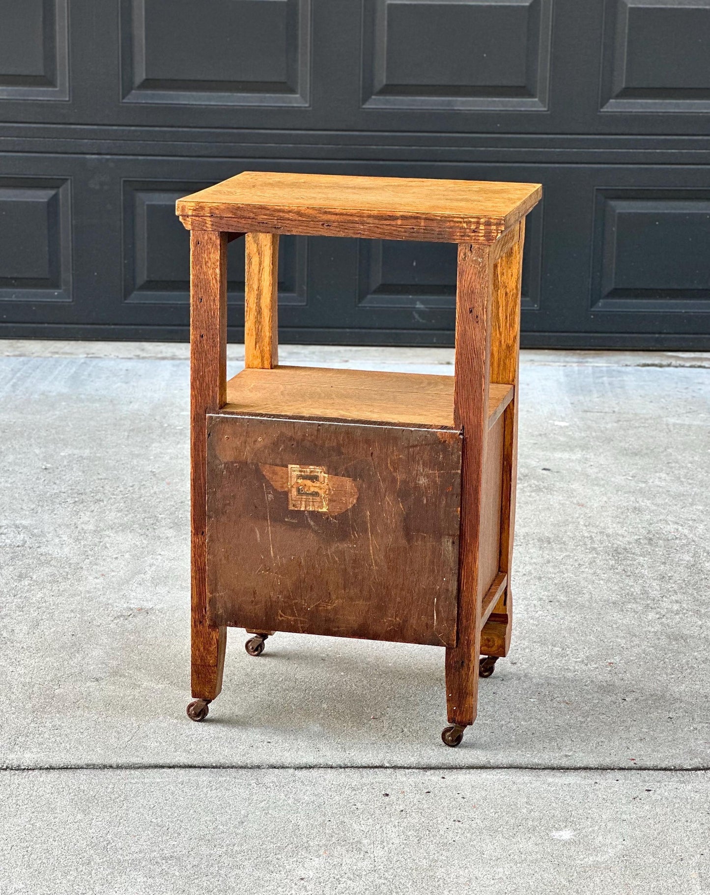 Antique Early 20th C Quarter Sawn Oak Wood Open Shelf Accent Cabinet on Casters 18" Wide