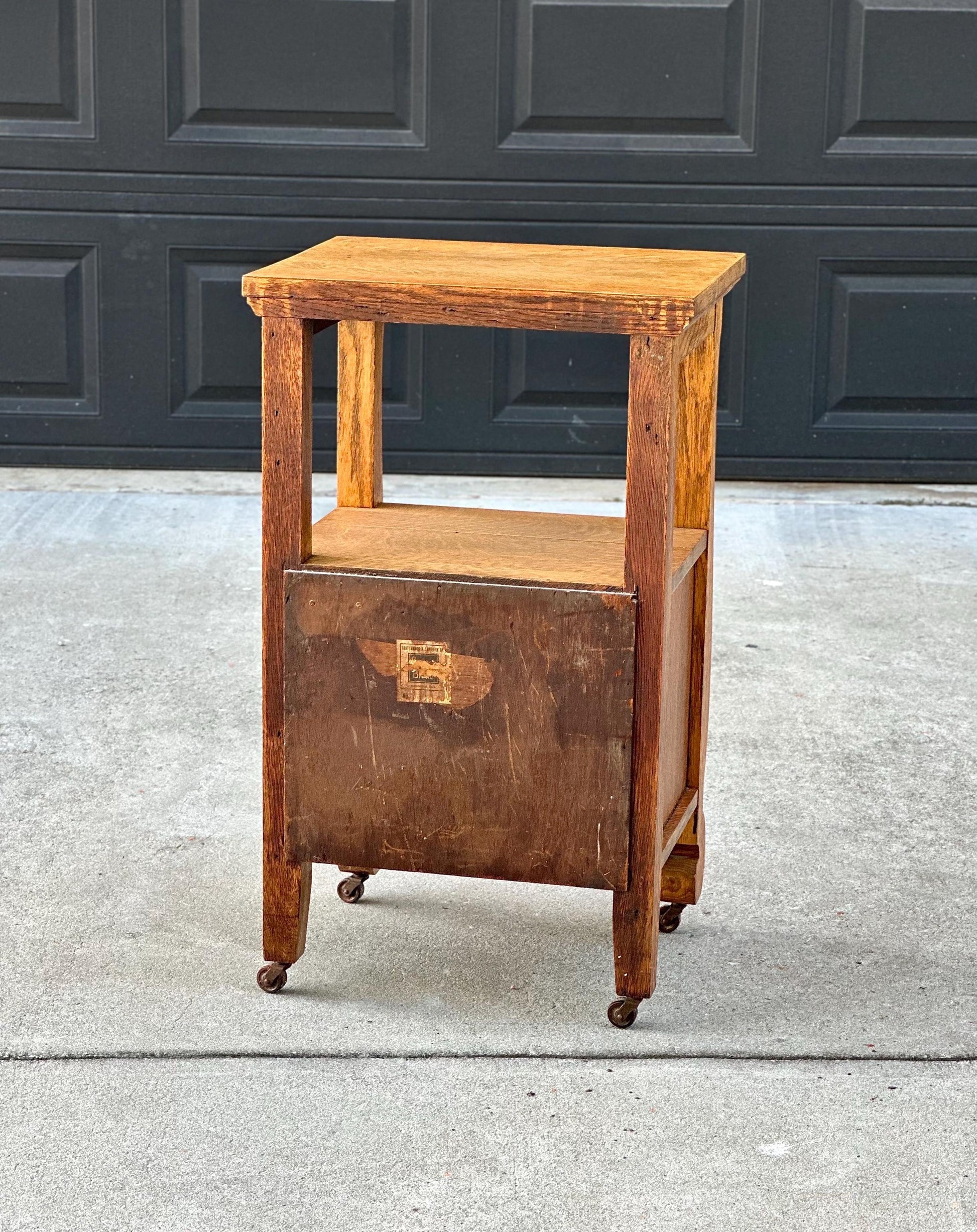 Antique Early 20th C Quarter Sawn Oak Wood Open Shelf Accent Cabinet on Casters 18" Wide