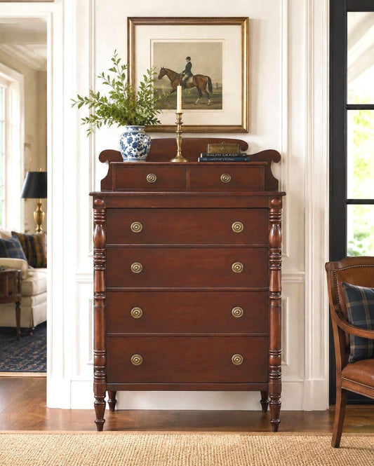 Vintage Early 20th Century Mahogany Six Drawer Solid Wood Scroll Gallery Colonial Tallboy Dresser 36" Wide