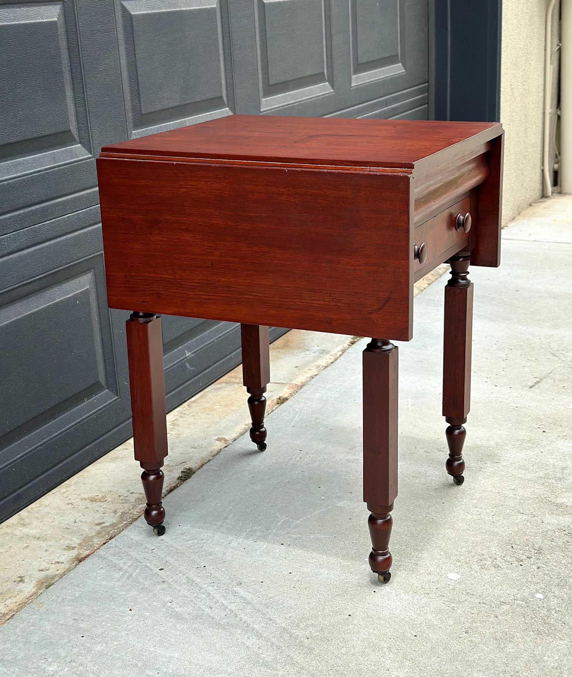 Antique Early 19th C Georgian Mahogany Secret Drawer Drop Leaf Table on Casters 20" Wide