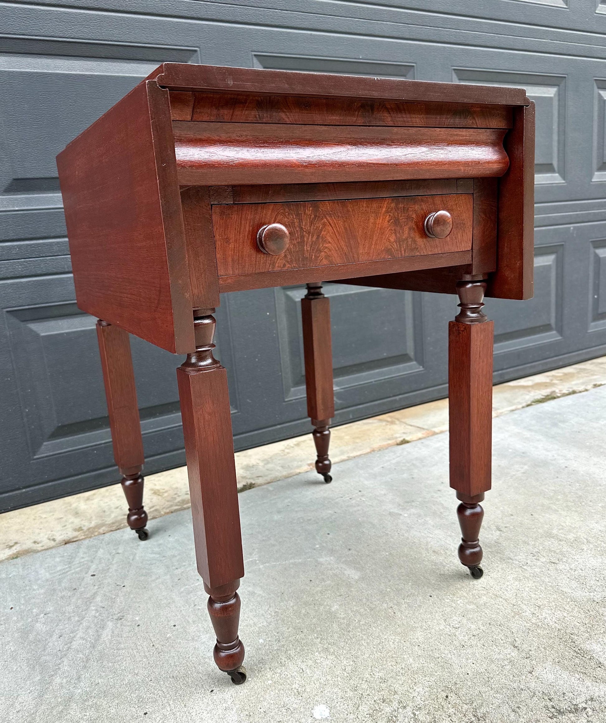 Antique Early 19th C Georgian Mahogany Secret Drawer Drop Leaf Table on Casters 20" Wide