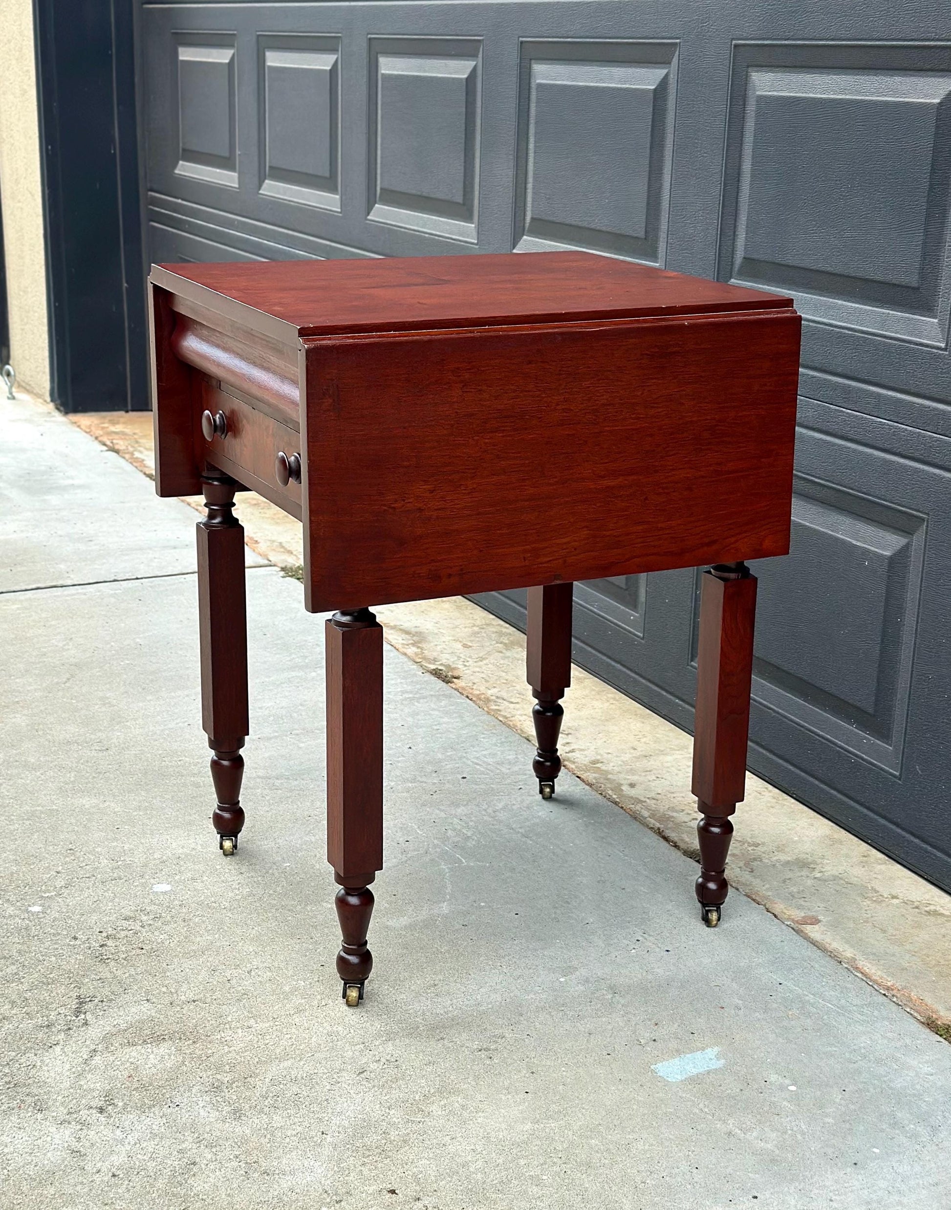 Antique Early 19th C Georgian Mahogany Secret Drawer Drop Leaf Table on Casters 20" Wide