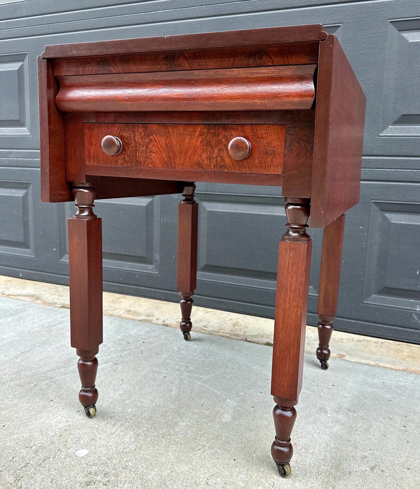 Antique Early 19th C Georgian Mahogany Secret Drawer Drop Leaf Table on Casters 20" Wide