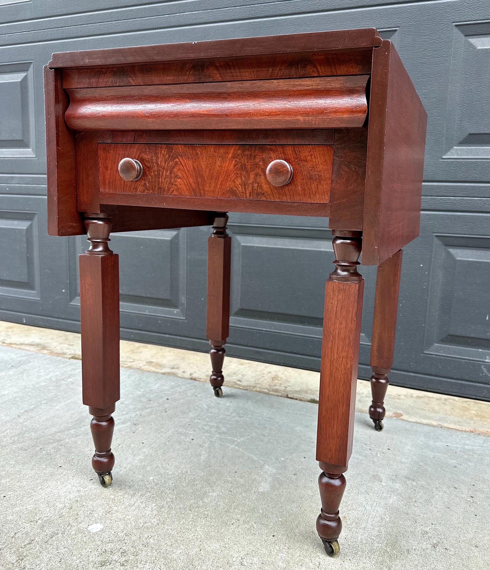 Antique Early 19th C Georgian Mahogany Secret Drawer Drop Leaf Table on Casters 20" Wide