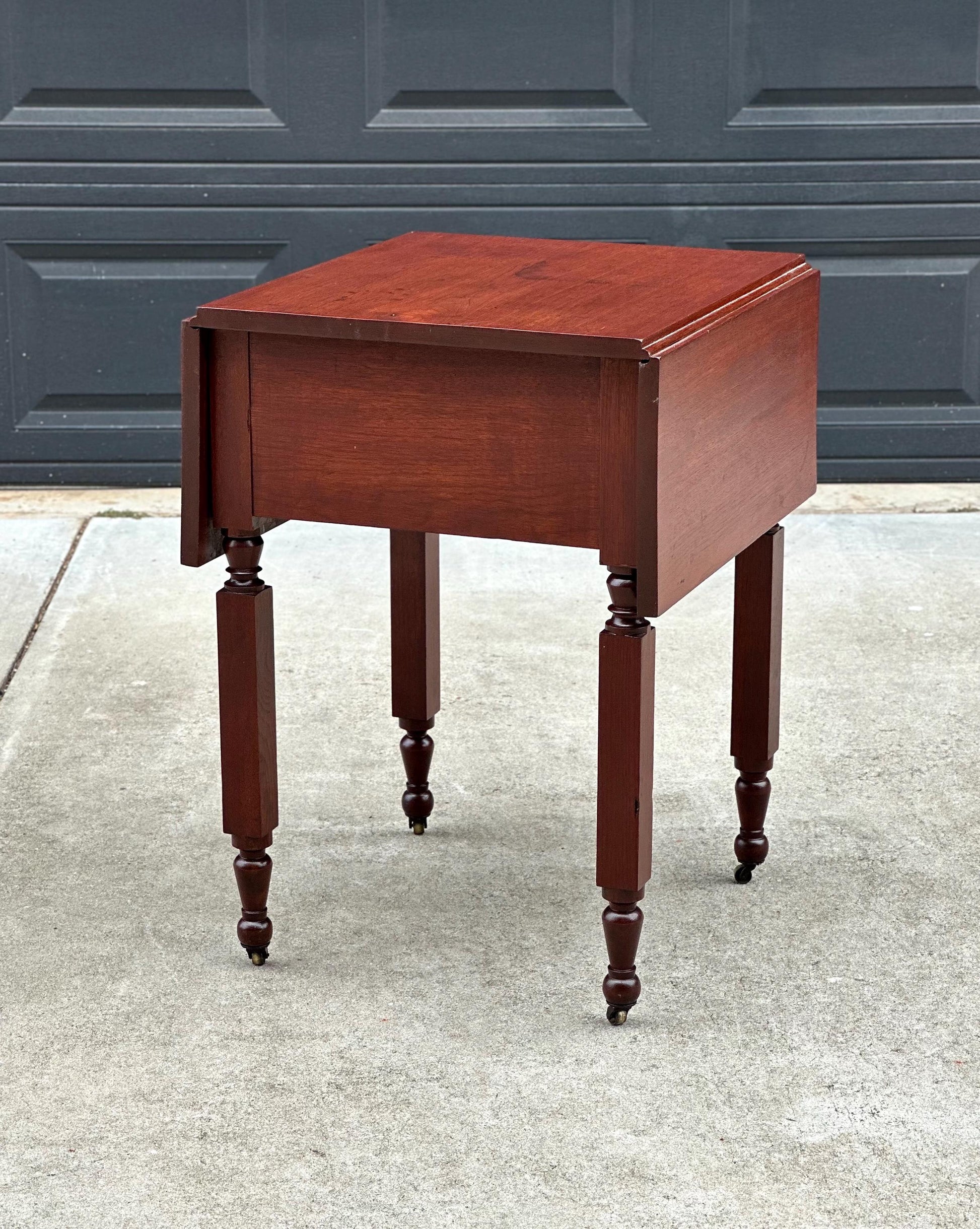 Antique Early 19th C Georgian Mahogany Secret Drawer Drop Leaf Table on Casters 20" Wide