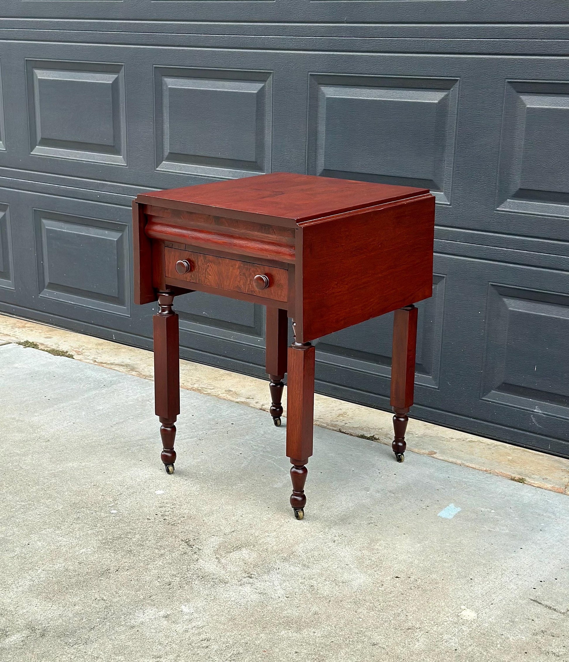 Antique Early 19th C Georgian Mahogany Secret Drawer Drop Leaf Table on Casters 20" Wide