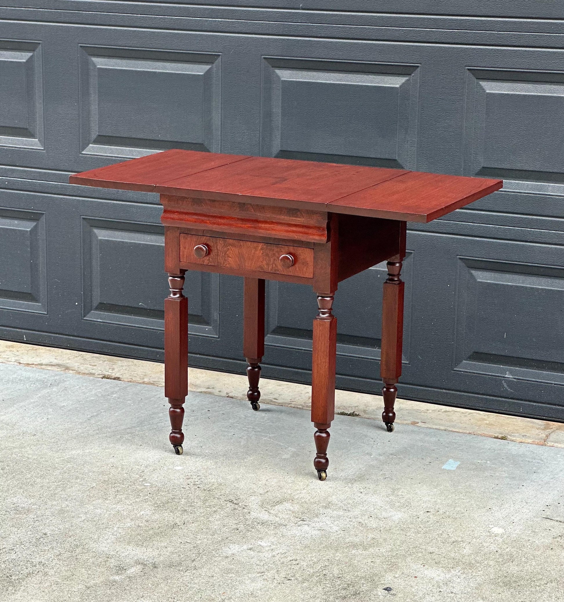 Antique Early 19th C Georgian Mahogany Secret Drawer Drop Leaf Table on Casters 20" Wide