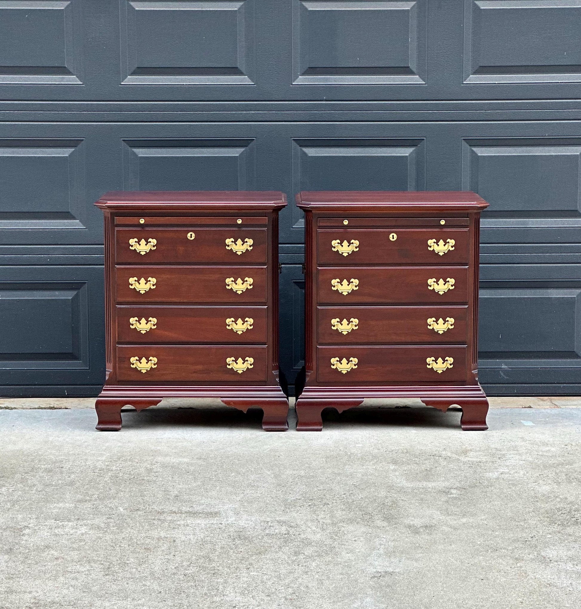 Vintage Solid Mahogany Wood Four Drawer Traditional Bedside Chests with Pull Out Tray - a Pair