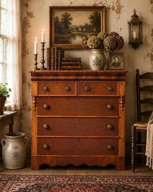 Antique Mid 19th Century Eastlake Bookmatched Mahogany Five Drawer Accent Dresser Chest 40.5" Wide