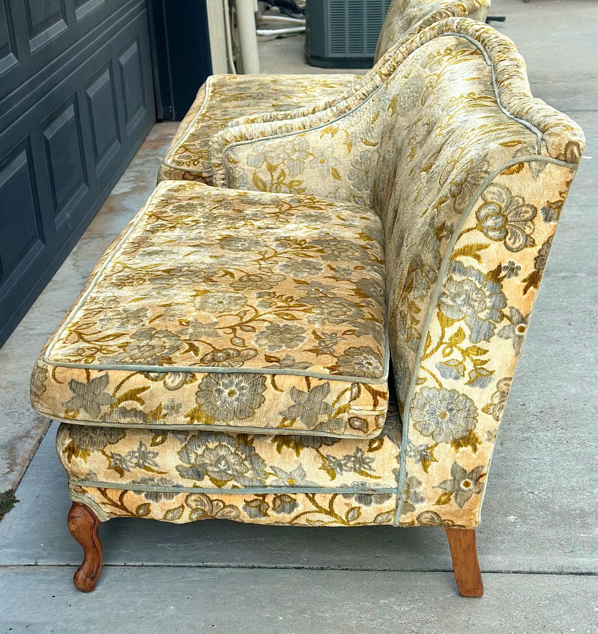 Vintage Mid 20th Century Serpentine Back Gold & Blue Velvet Victorian Settees 48" Wide - a Pair