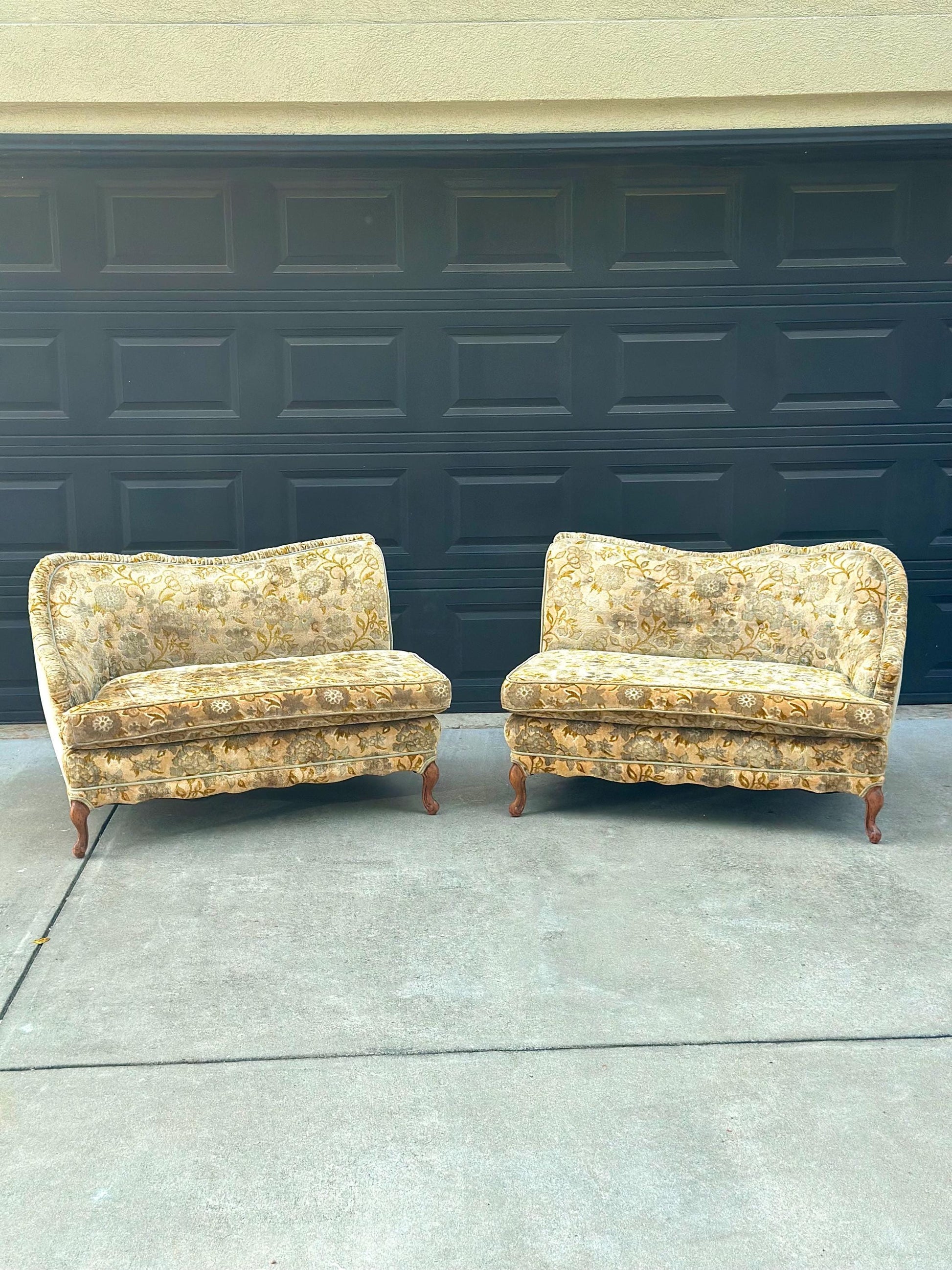 Vintage Mid 20th Century Serpentine Back Gold & Blue Velvet Victorian Settees 48" Wide - a Pair