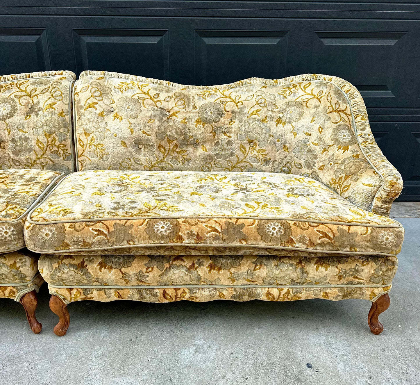 Vintage Mid 20th Century Serpentine Back Gold & Blue Velvet Victorian Settees 48" Wide - a Pair