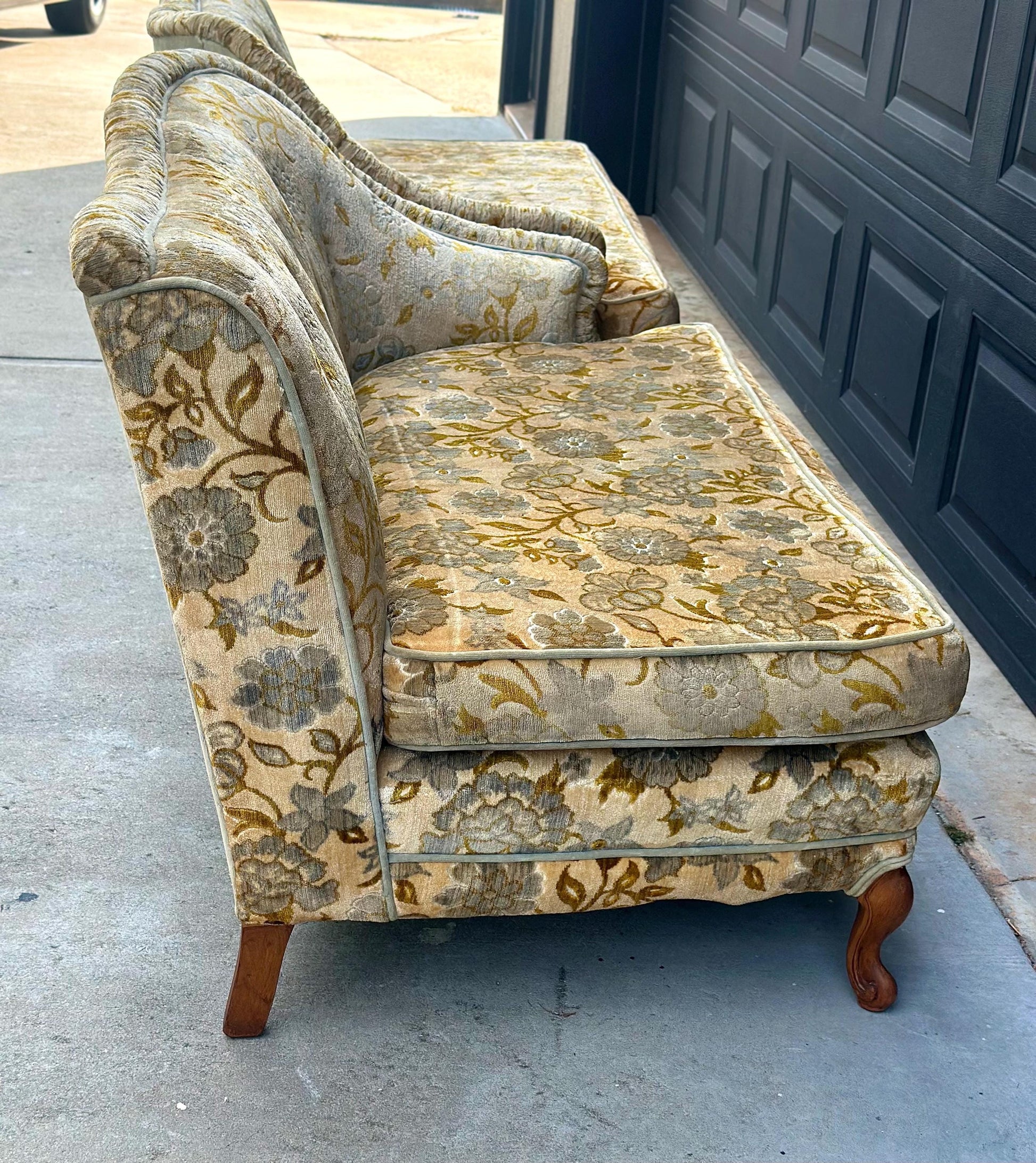 Vintage Mid 20th Century Serpentine Back Gold & Blue Velvet Victorian Settees 48" Wide - a Pair