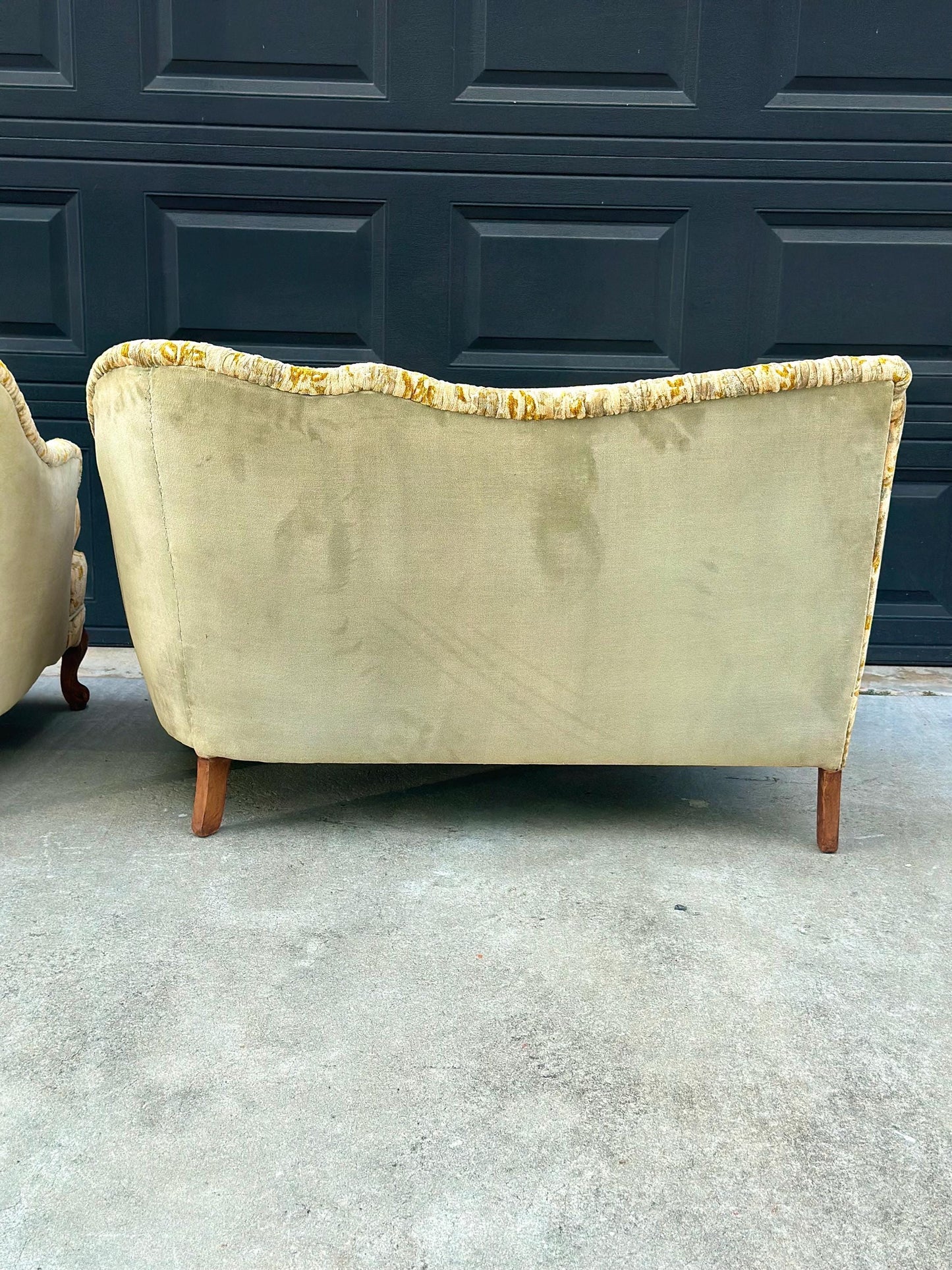 Vintage Mid 20th Century Serpentine Back Gold & Blue Velvet Victorian Settees 48" Wide - a Pair