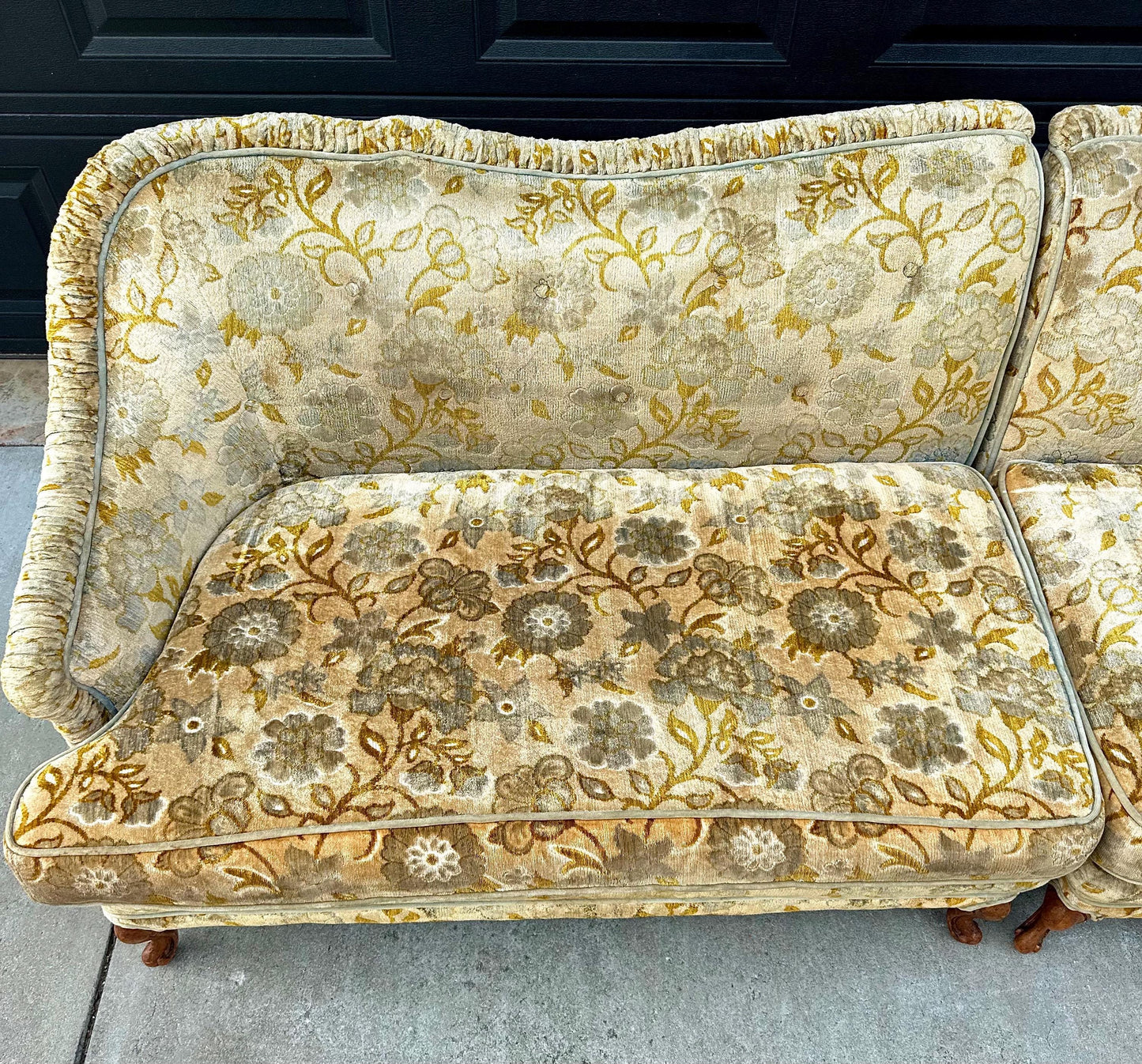 Vintage Mid 20th Century Serpentine Back Gold & Blue Velvet Victorian Settees 48" Wide - a Pair