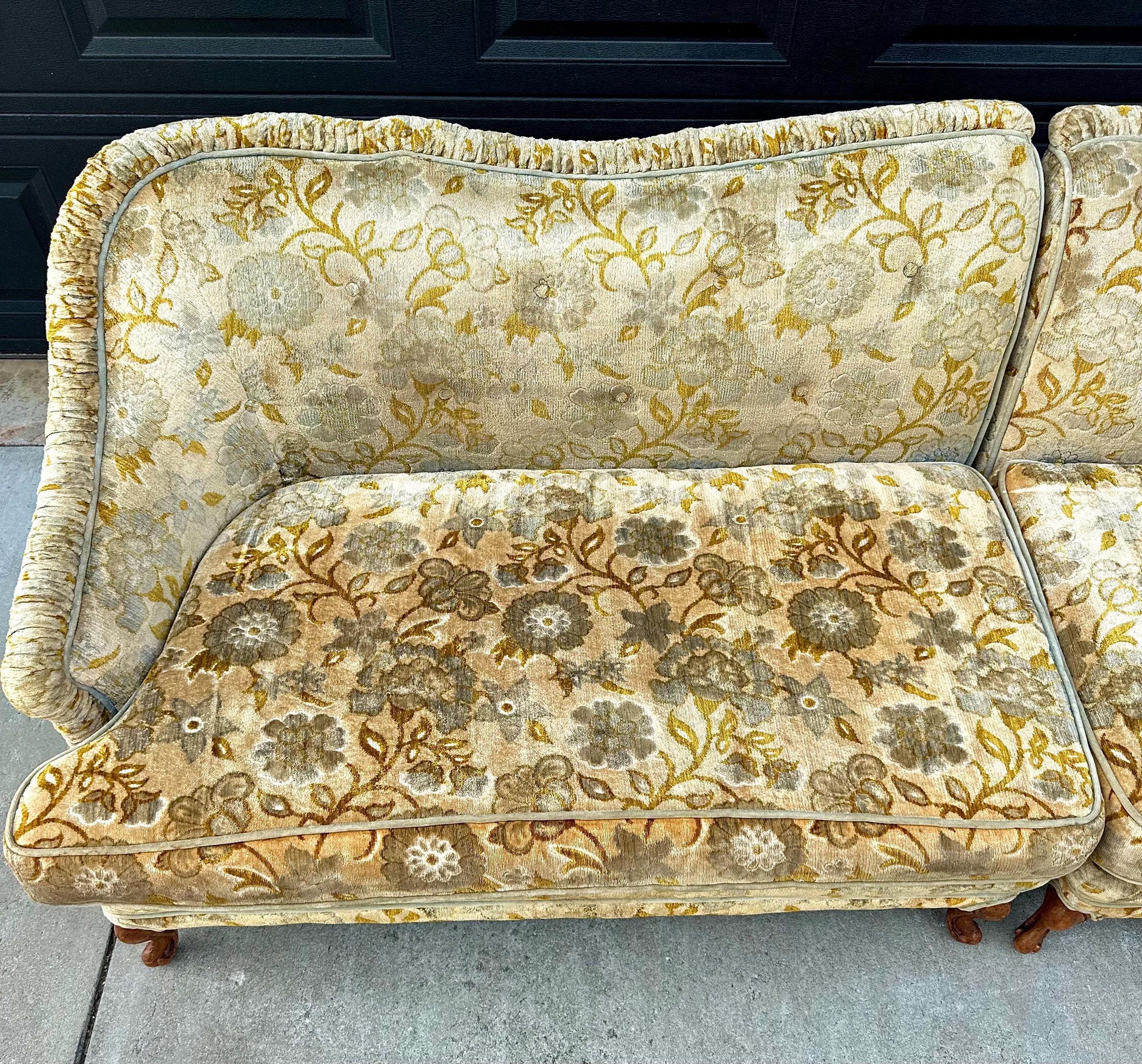 Vintage Mid 20th Century Serpentine Back Gold & Blue Velvet Victorian Settees 48" Wide - a Pair