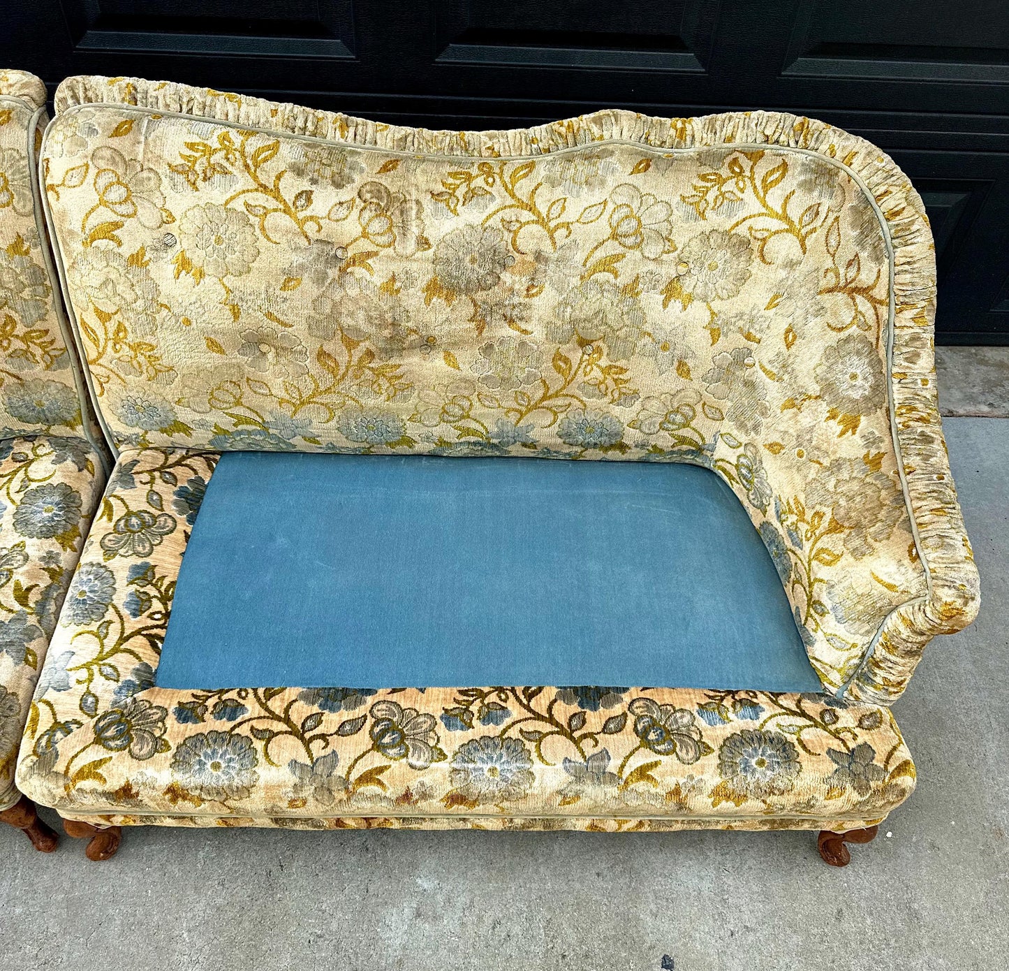 Vintage Mid 20th Century Serpentine Back Gold & Blue Velvet Victorian Settees 48" Wide - a Pair