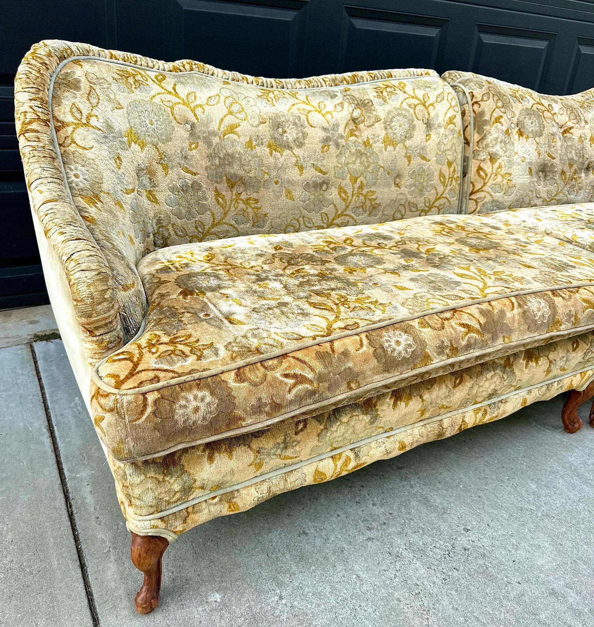 Vintage Mid 20th Century Serpentine Back Gold & Blue Velvet Victorian Settees 48" Wide - a Pair