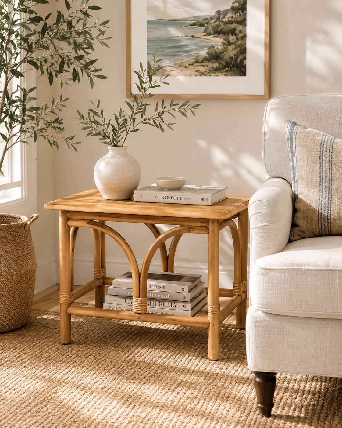 Vintage Mid Century Rattan Accent Table with Solid Wood Top Bentwood End Table