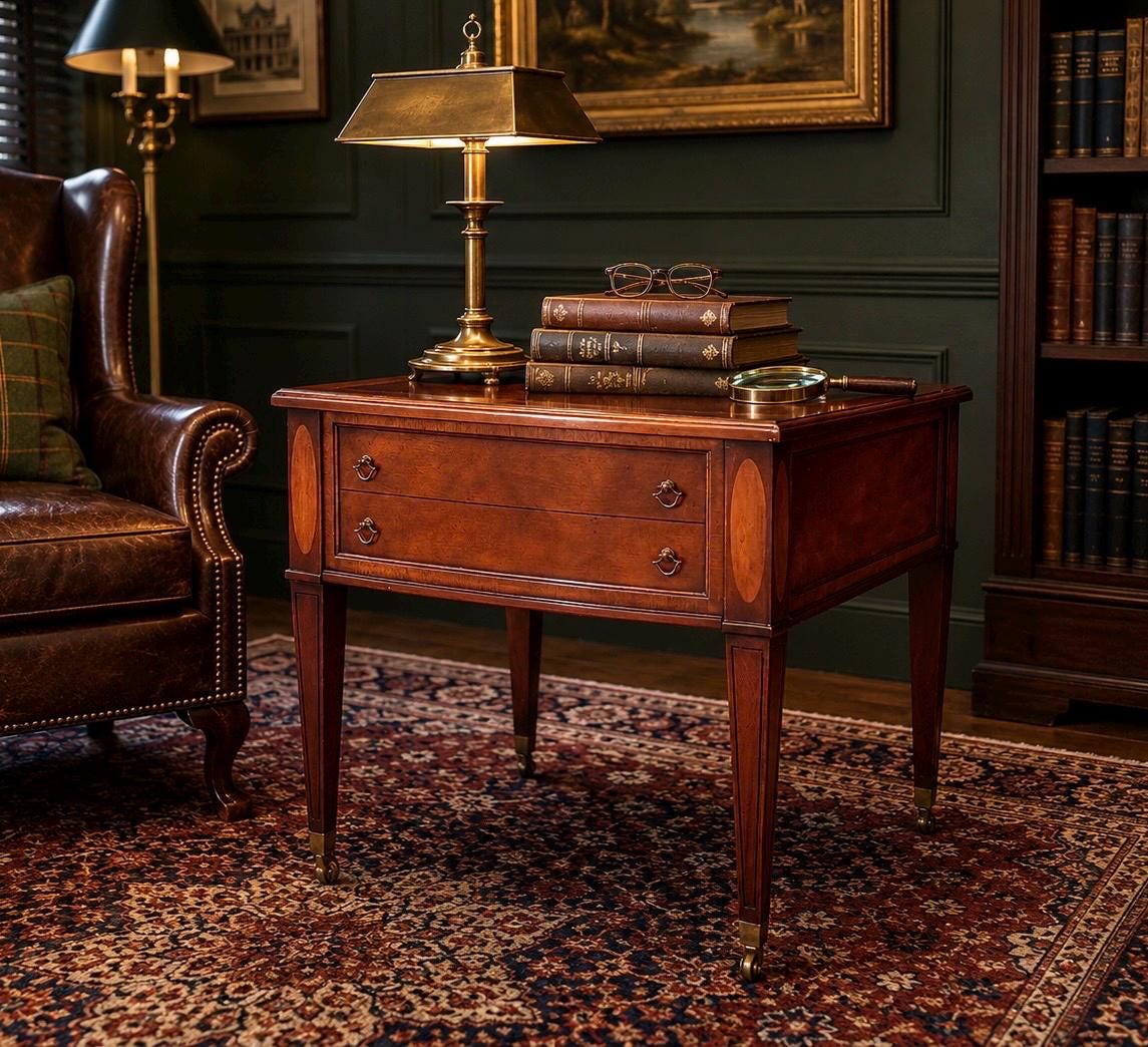 Vintage Mid 1900s Traditional Inlaid Mahogany End Table on Casters 22" Wide