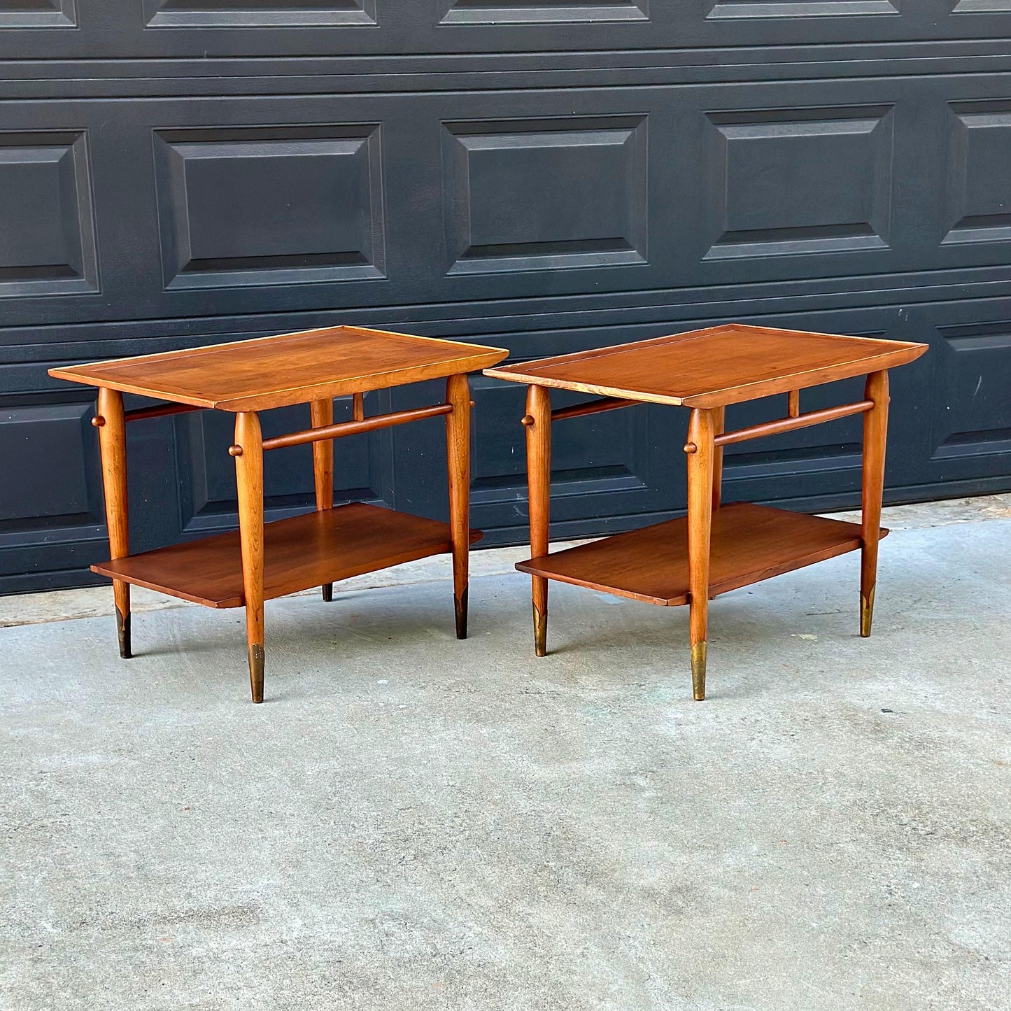 Vintage Mid 20th Century Mid Mod Walnut Side Tables with Brass Ferrules - a Pair