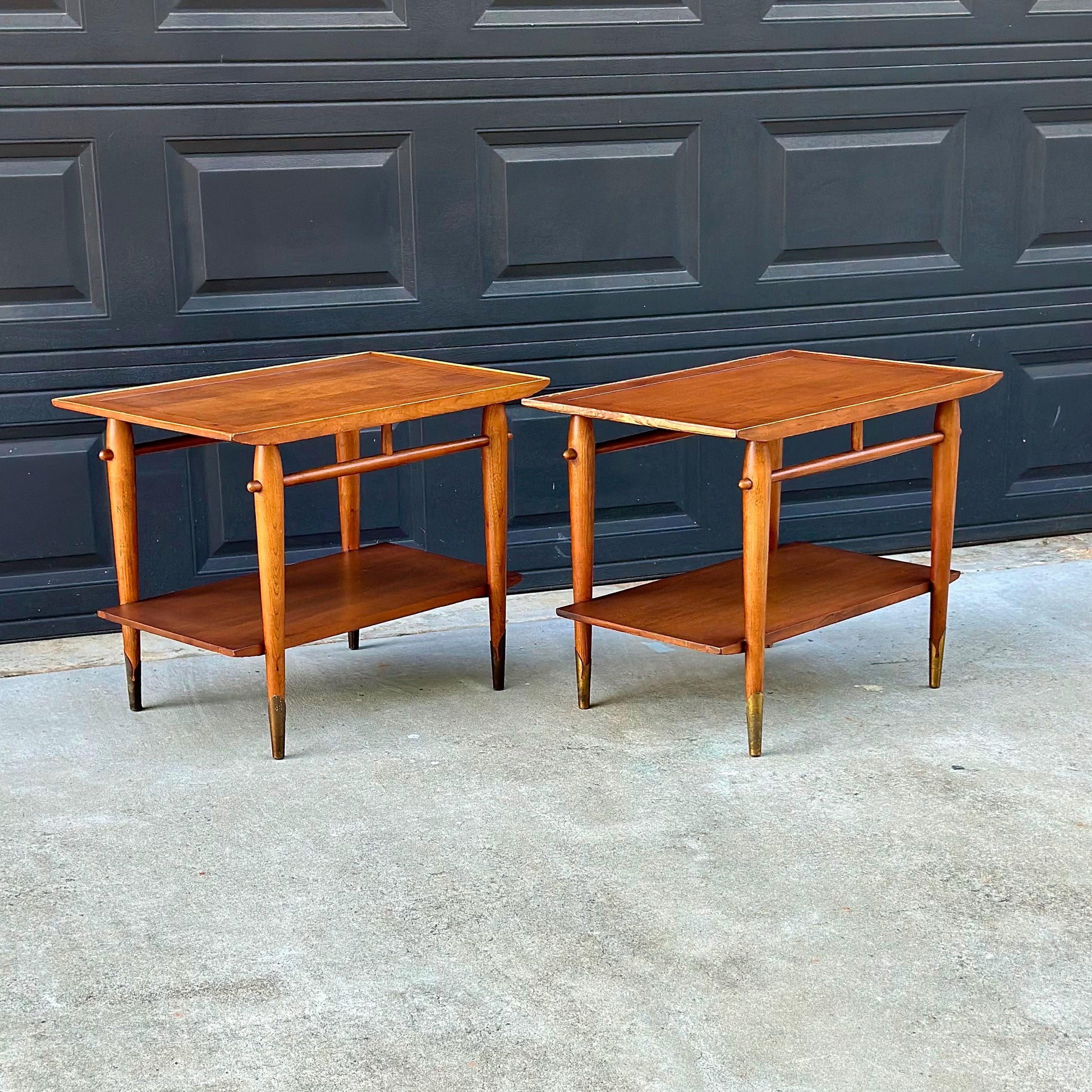 Vintage Mid 20th Century Mid Mod Walnut Side Tables with Brass Ferrules - a Pair