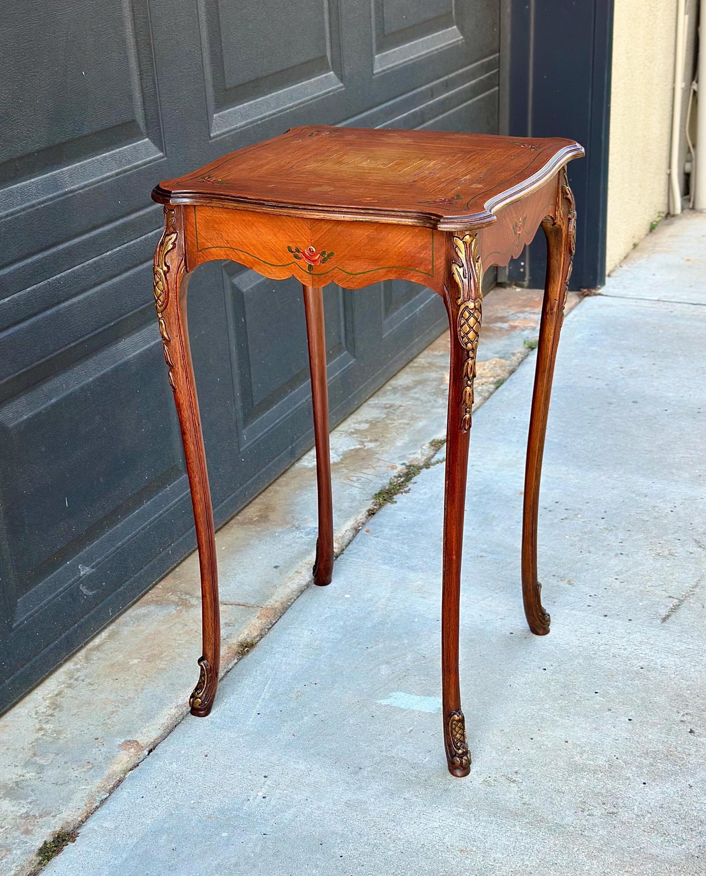 Antique Early 20th Century Hand Painted Floral French Louis XV Cherry Side Table 16" Wide