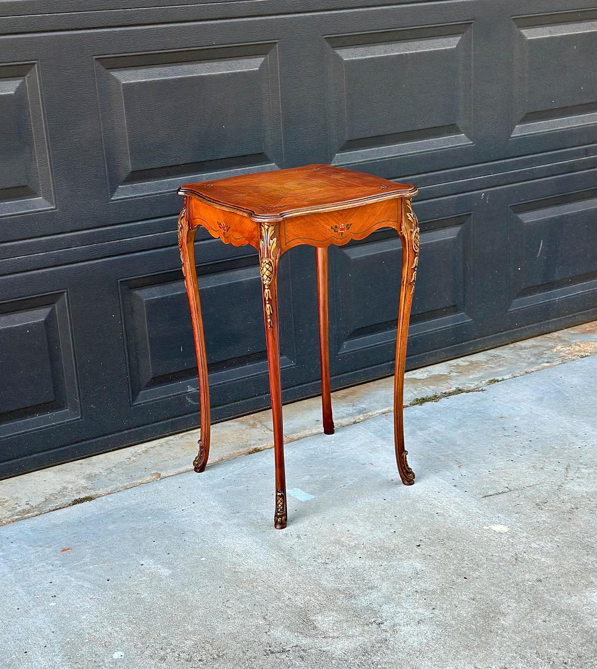Antique Early 20th Century Hand Painted Floral French Louis XV Cherry Side Table 16" Wide