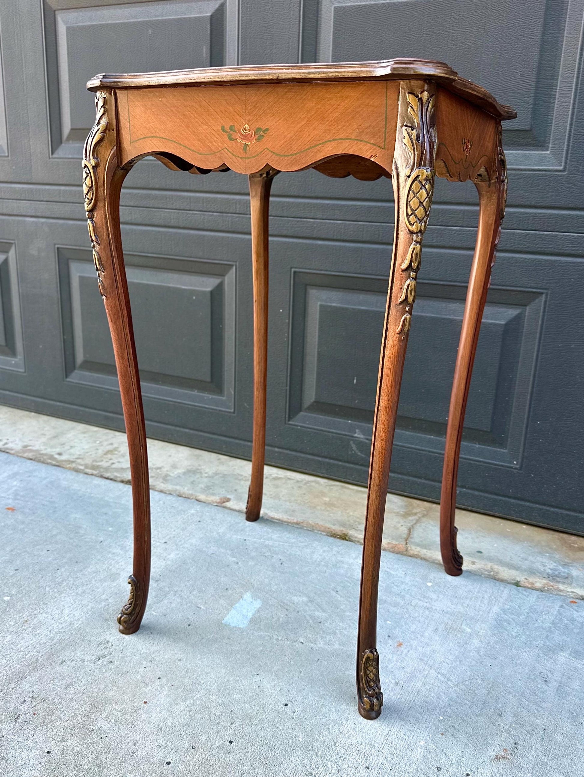 Antique Early 20th Century Hand Painted Floral French Louis XV Cherry Side Table 16" Wide