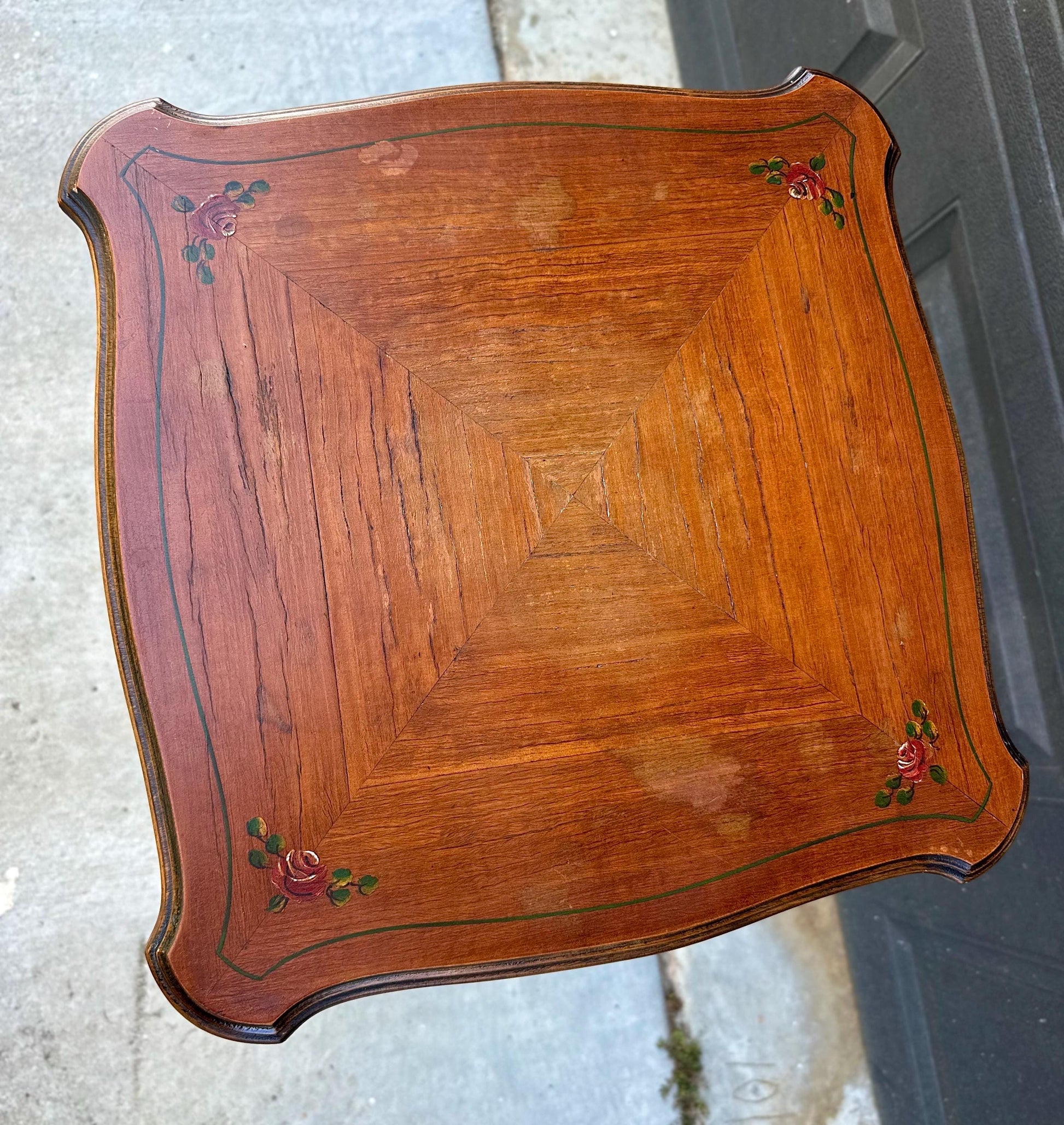 Antique Early 20th Century Hand Painted Floral French Louis XV Cherry Side Table 16" Wide