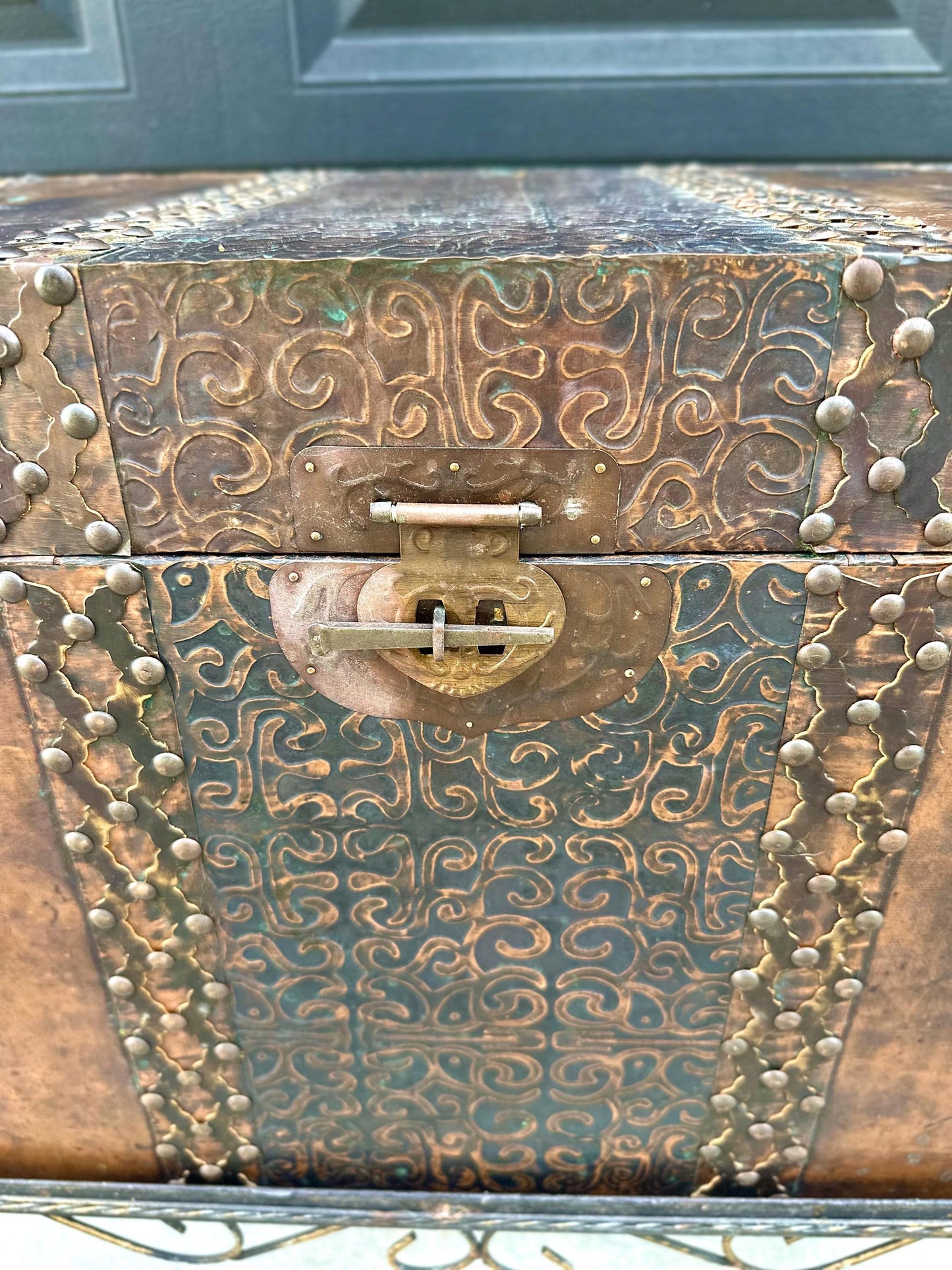 Vintage Mid 20th Century Velvet Lined Brass Studded Asian Trunk Storage Accent Table 26" Wide