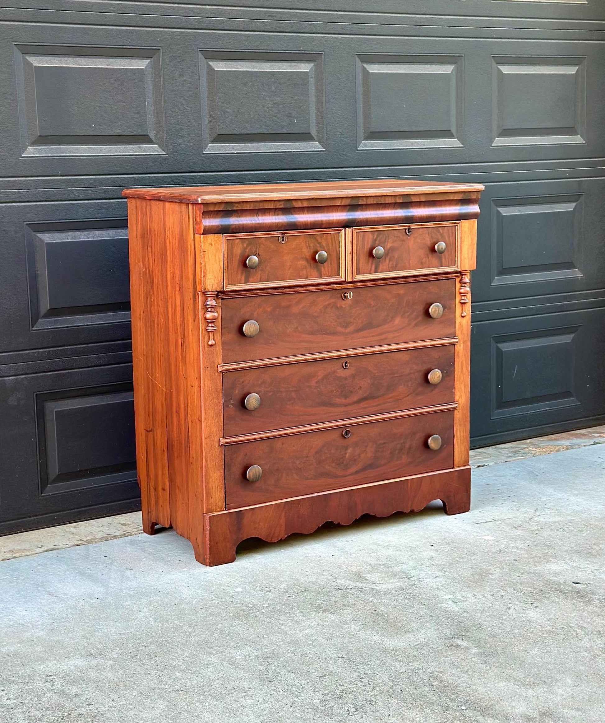 Antique Mid 19th Century Eastlake Bookmatched Mahogany Five Drawer Accent Dresser Chest 40.5" Wide