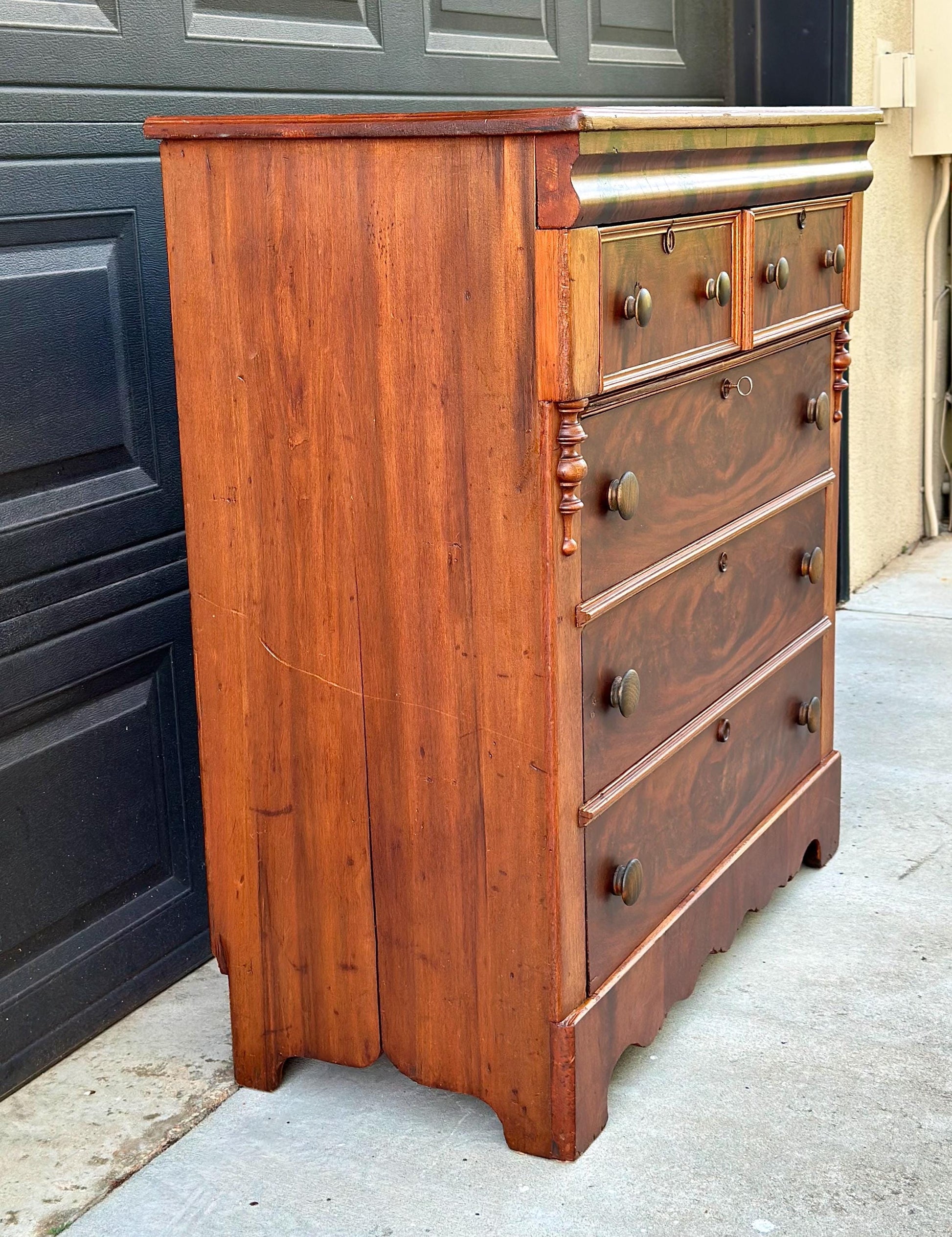 Antique Mid 19th Century Eastlake Bookmatched Mahogany Five Drawer Accent Dresser Chest 40.5" Wide