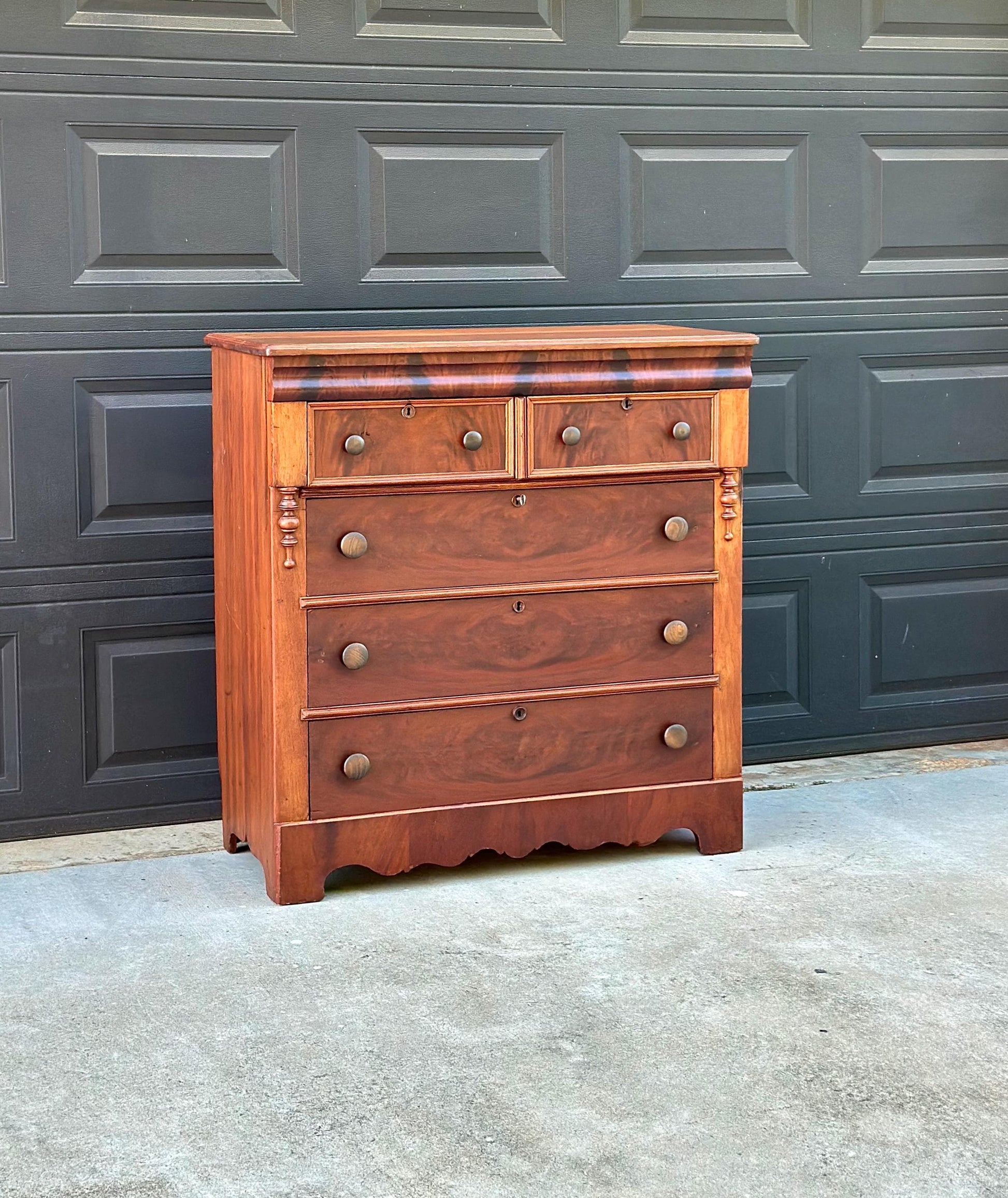 Antique Mid 19th Century Eastlake Bookmatched Mahogany Five Drawer Accent Dresser Chest 40.5" Wide
