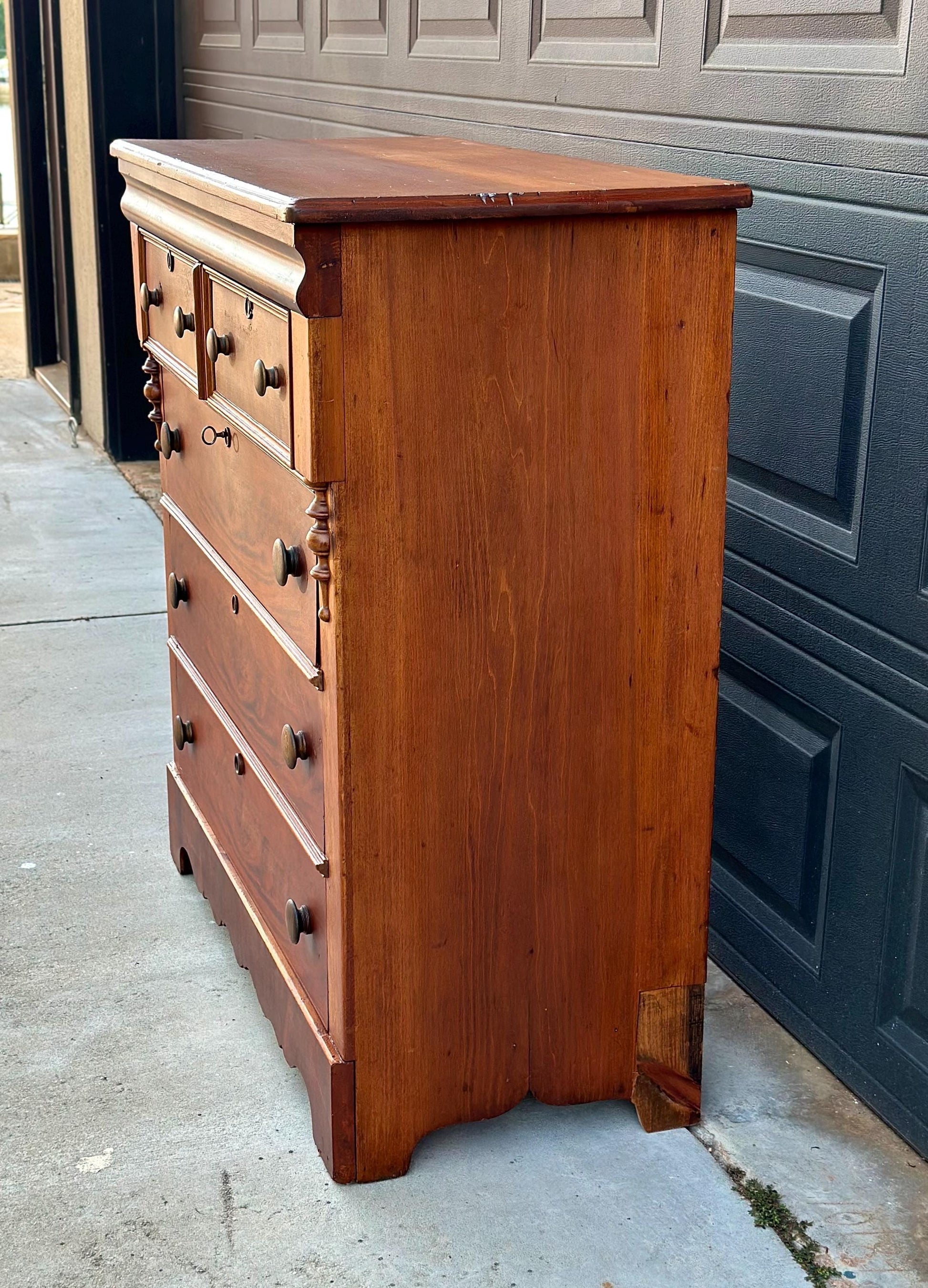 Antique Mid 19th Century Eastlake Bookmatched Mahogany Five Drawer Accent Dresser Chest 40.5" Wide