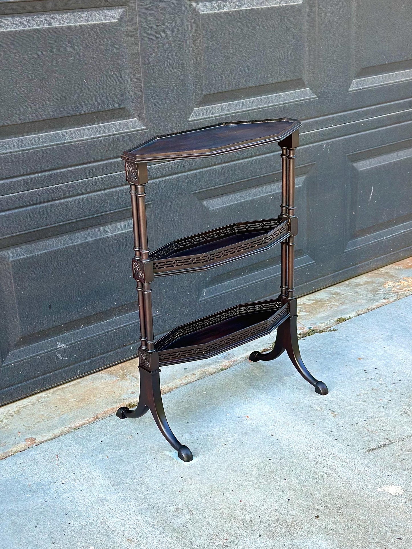 Vintage Mid 20th Century Multi Tier Fretwork Display Shelf Solid Wood Accent Table 19" Wide