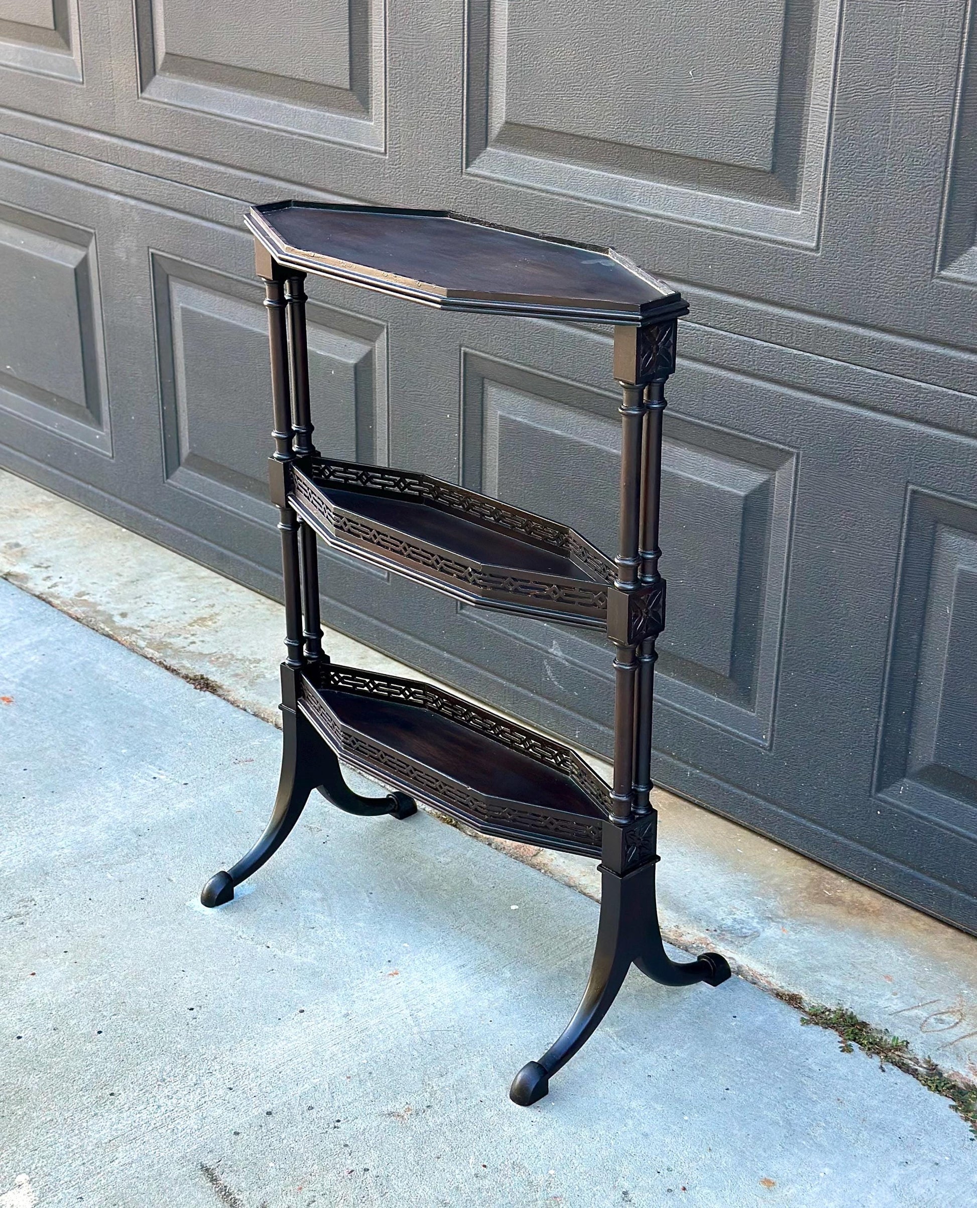 Vintage Mid 20th Century Multi Tier Fretwork Display Shelf Solid Wood Accent Table 19" Wide