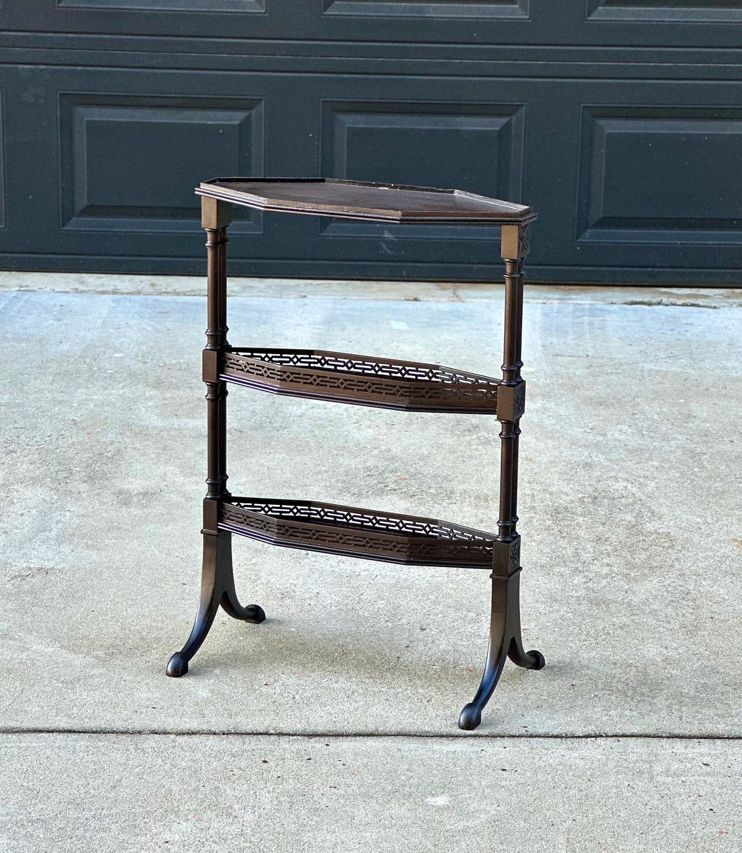 Vintage Mid 20th Century Multi Tier Fretwork Display Shelf Solid Wood Accent Table 19" Wide