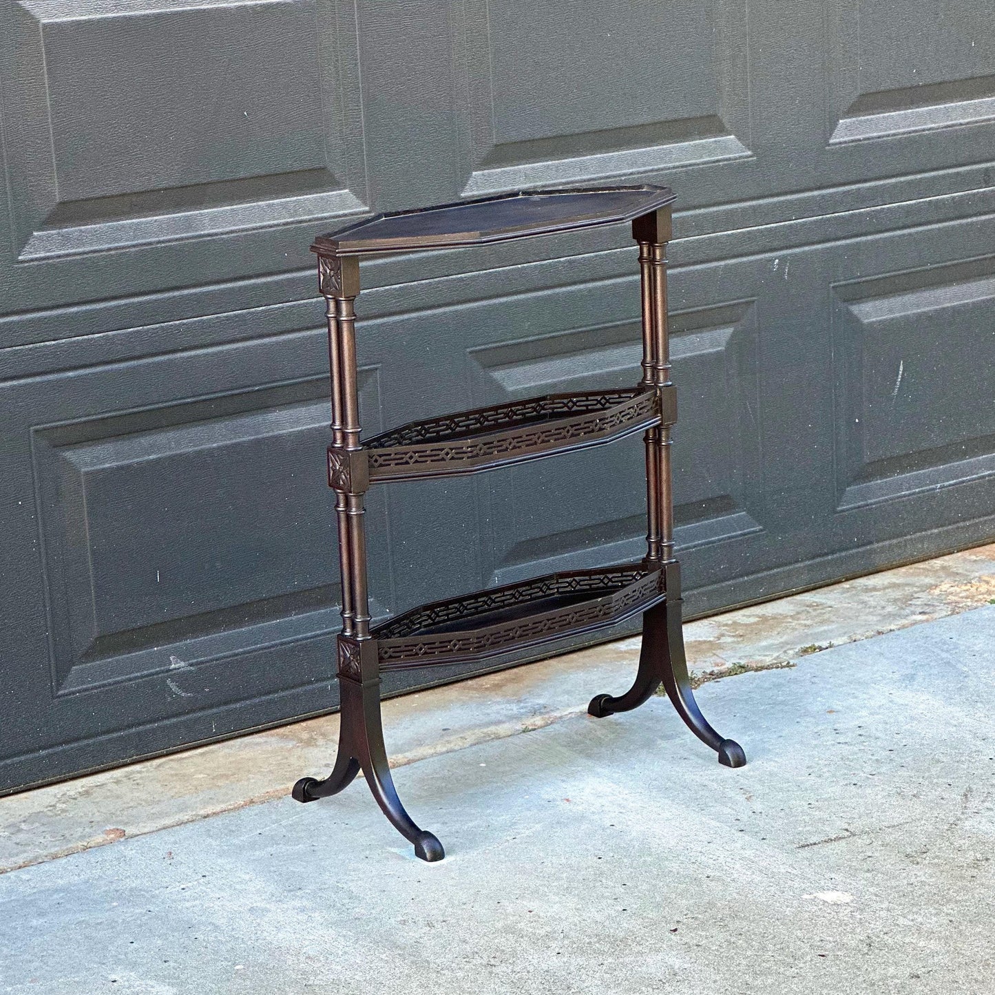 Vintage Mid 20th Century Multi Tier Fretwork Display Shelf Solid Wood Accent Table 19" Wide