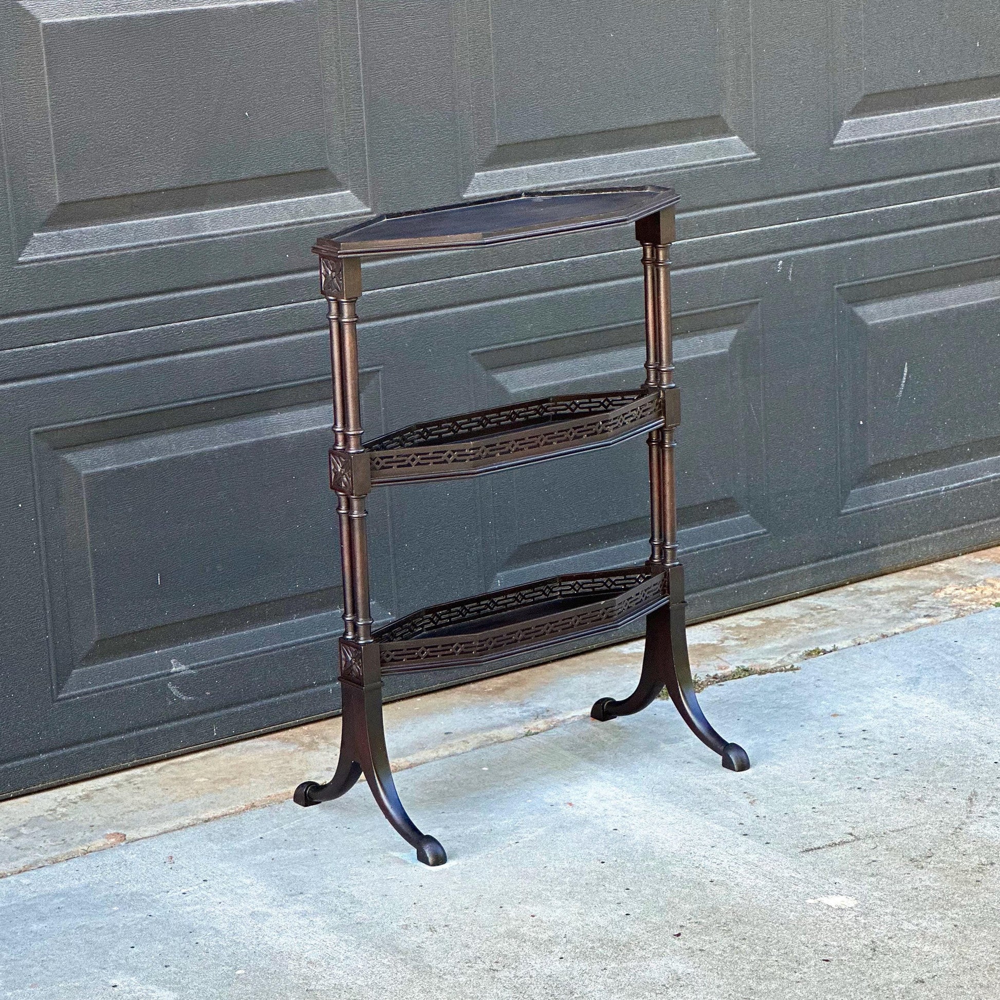 Vintage Mid 20th Century Multi Tier Fretwork Display Shelf Solid Wood Accent Table 19" Wide