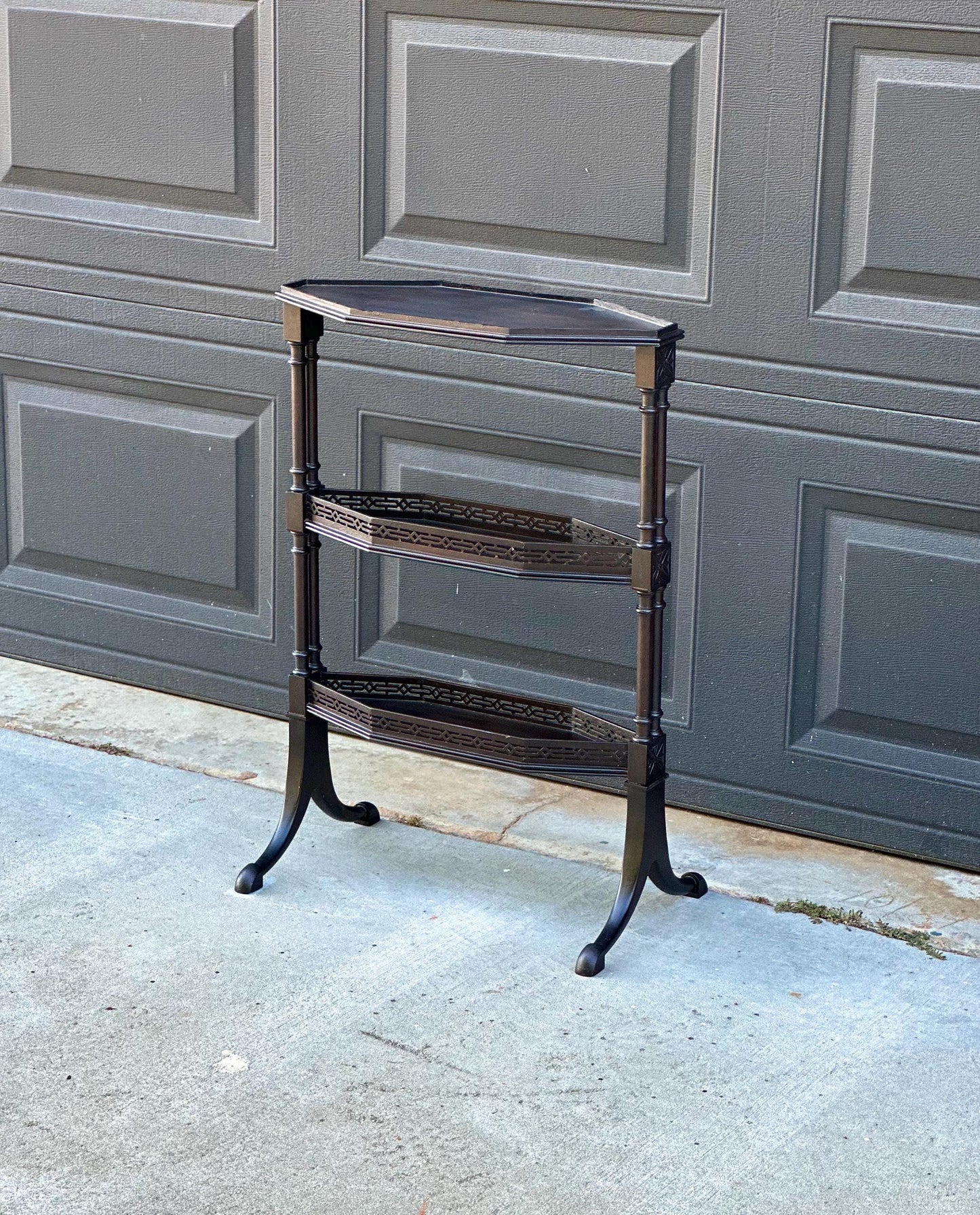 Vintage Mid 20th Century Multi Tier Fretwork Display Shelf Solid Wood Accent Table 19" Wide