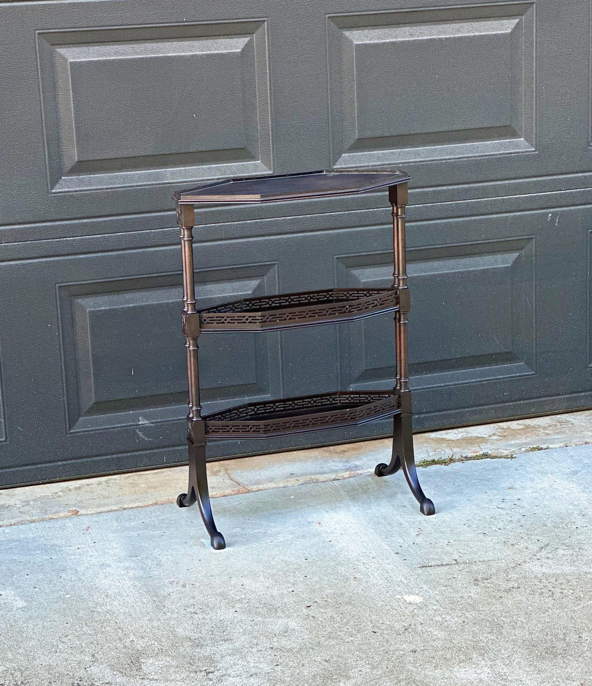 Vintage Mid 20th Century Multi Tier Fretwork Display Shelf Solid Wood Accent Table 19" Wide