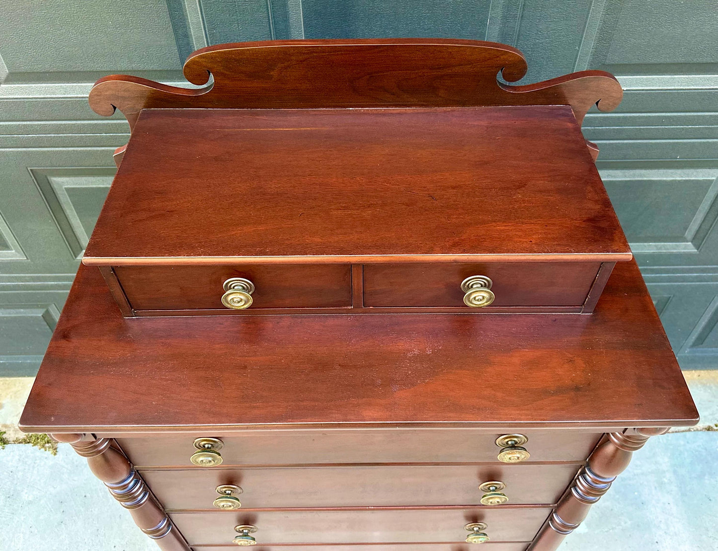 Vintage Early 20th Century Mahogany Six Drawer Solid Wood Scroll Gallery Colonial Tallboy Dresser 36" Wide