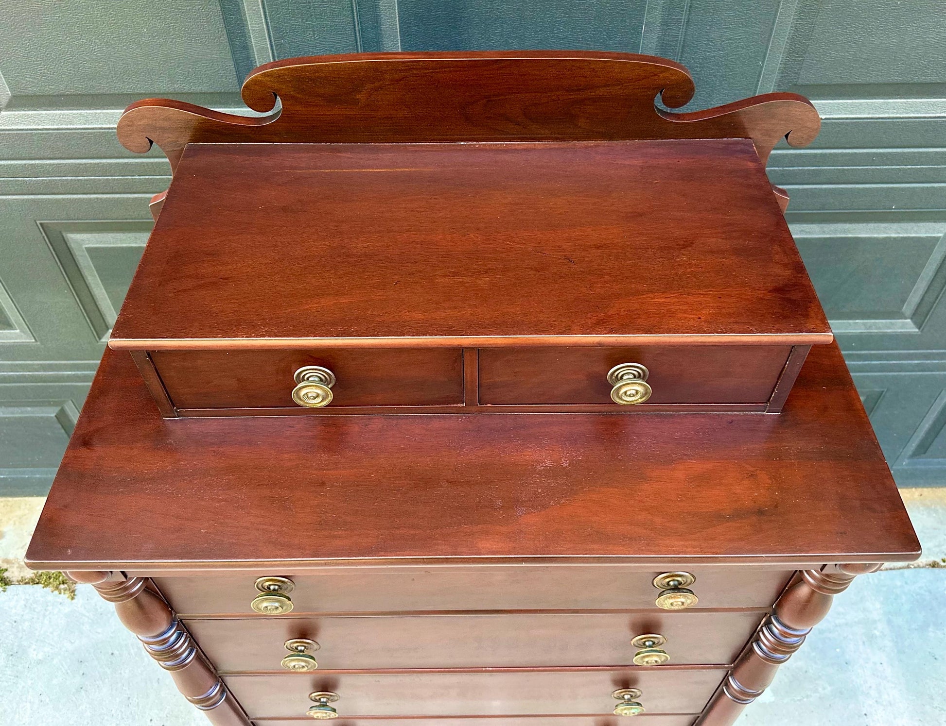 Vintage Early 20th Century Mahogany Six Drawer Solid Wood Scroll Gallery Colonial Tallboy Dresser 36" Wide