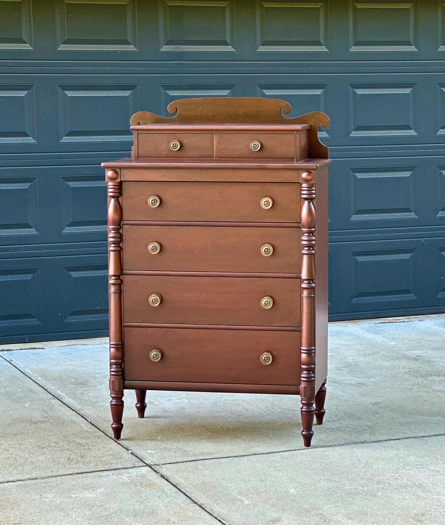 Vintage Early 20th Century Mahogany Six Drawer Solid Wood Scroll Gallery Colonial Tallboy Dresser 36" Wide