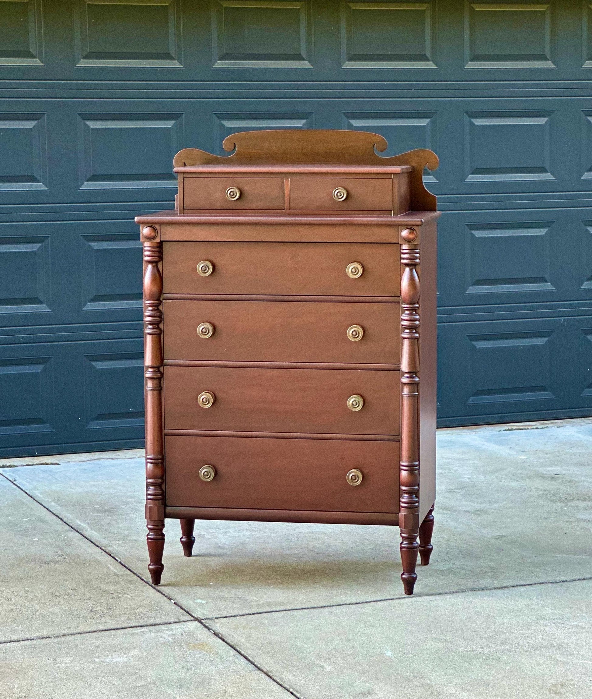 Vintage Early 20th Century Mahogany Six Drawer Solid Wood Scroll Gallery Colonial Tallboy Dresser 36" Wide